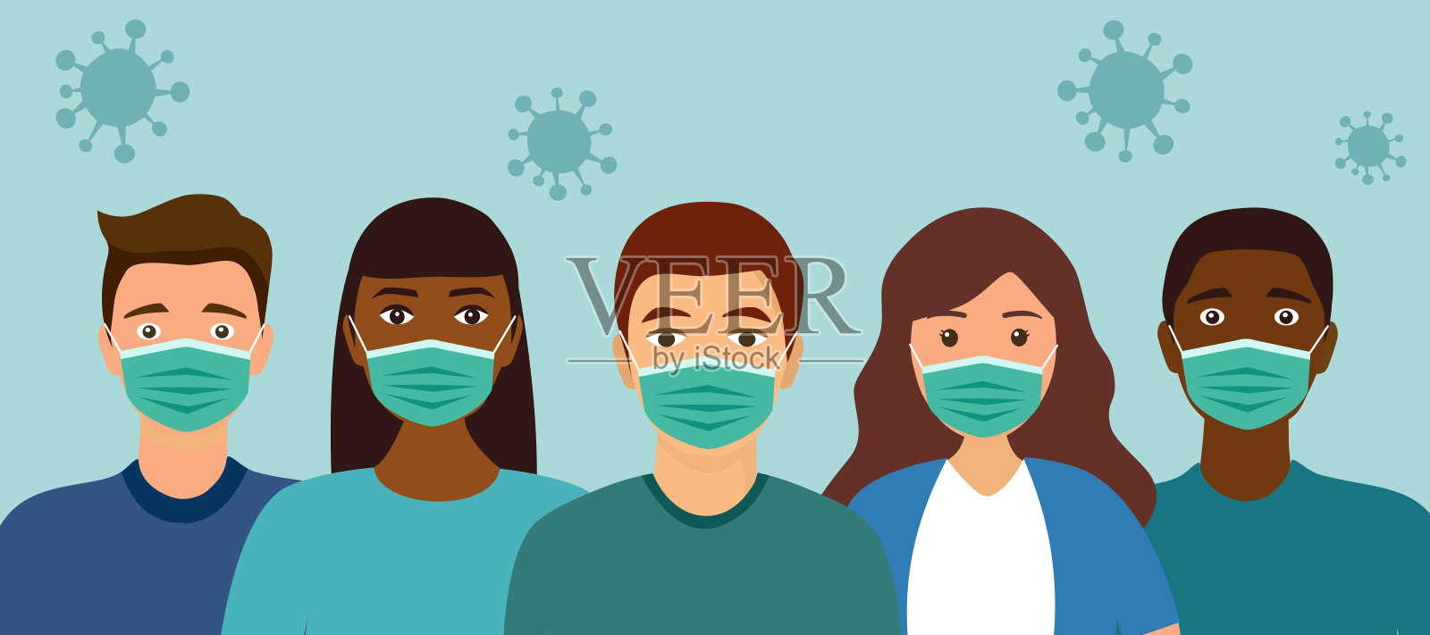 佩戴医用口罩预防病毒和细菌。冠状病毒Covid-19疫情概念载体。人们戴口罩以避免流感。插画图片素材