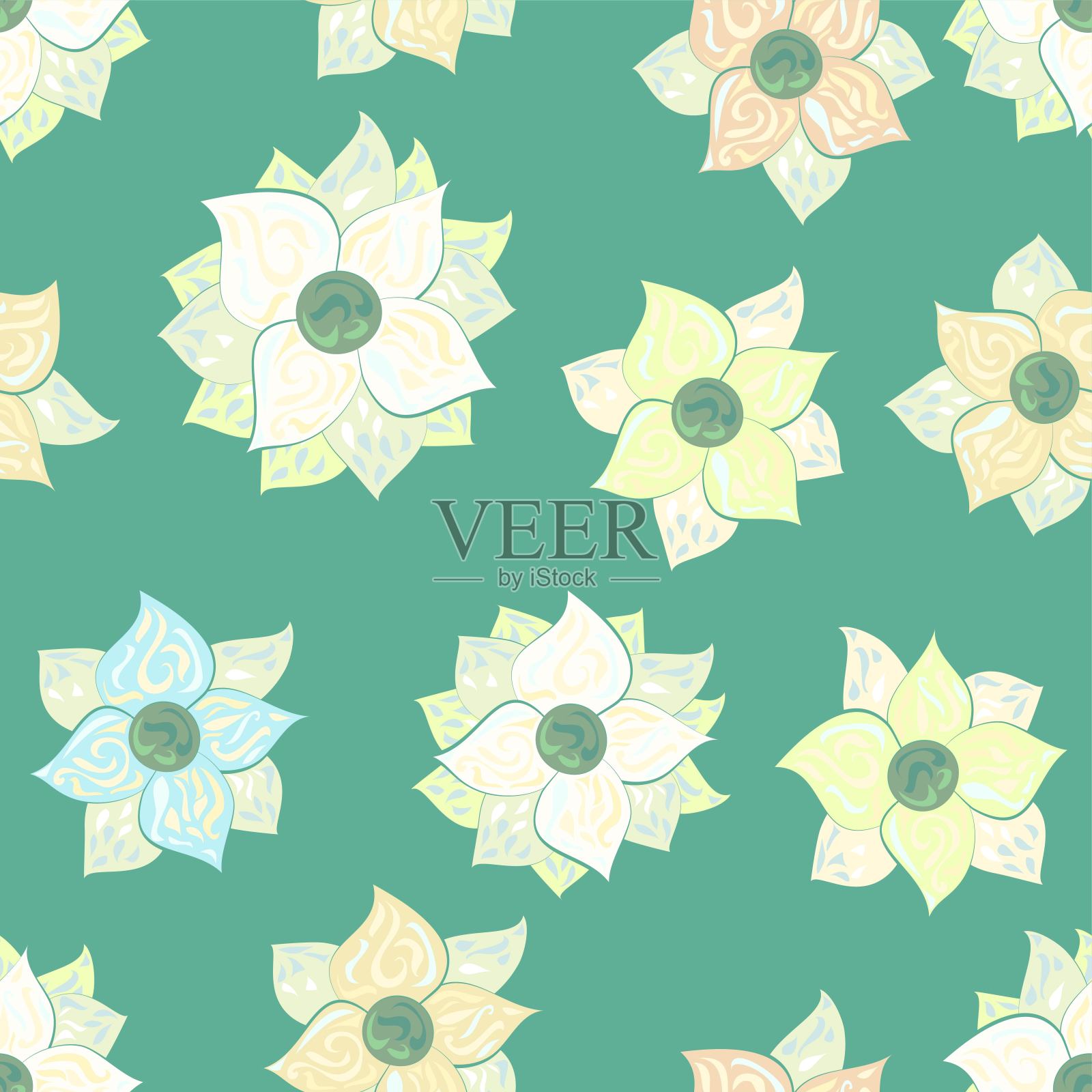 马赛克装饰花图案在柔和的颜色分散在暗绿色插画图片素材