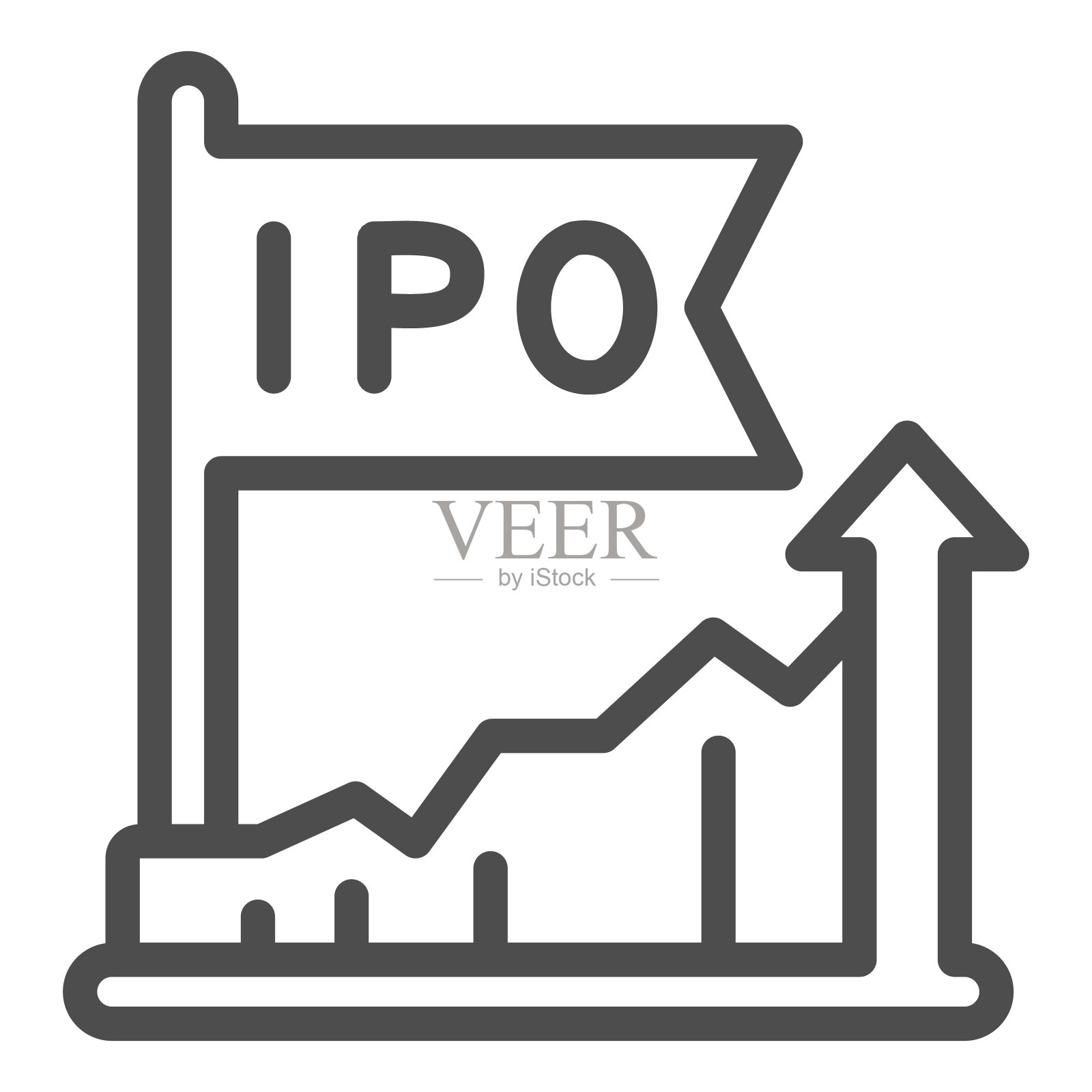 IPO成长图线形图标,初创公司概念,首次公开发行股票标志白色背景,战略投资用箭头和旗帜图标的轮廓风格。矢量图形。插画图片素材