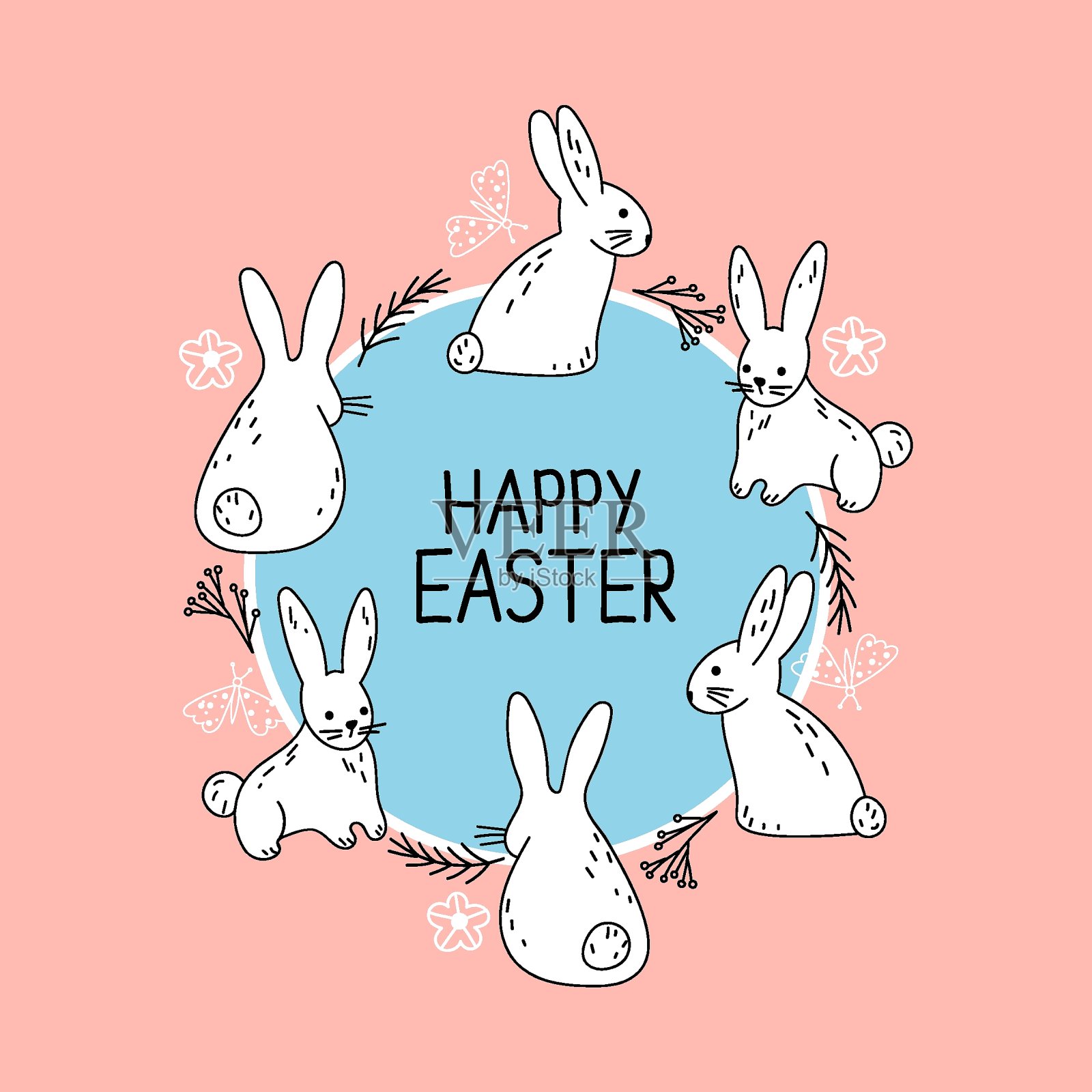 可爱的复活节涂鸦插图在柔和的颜色与小兔子设计元素图片