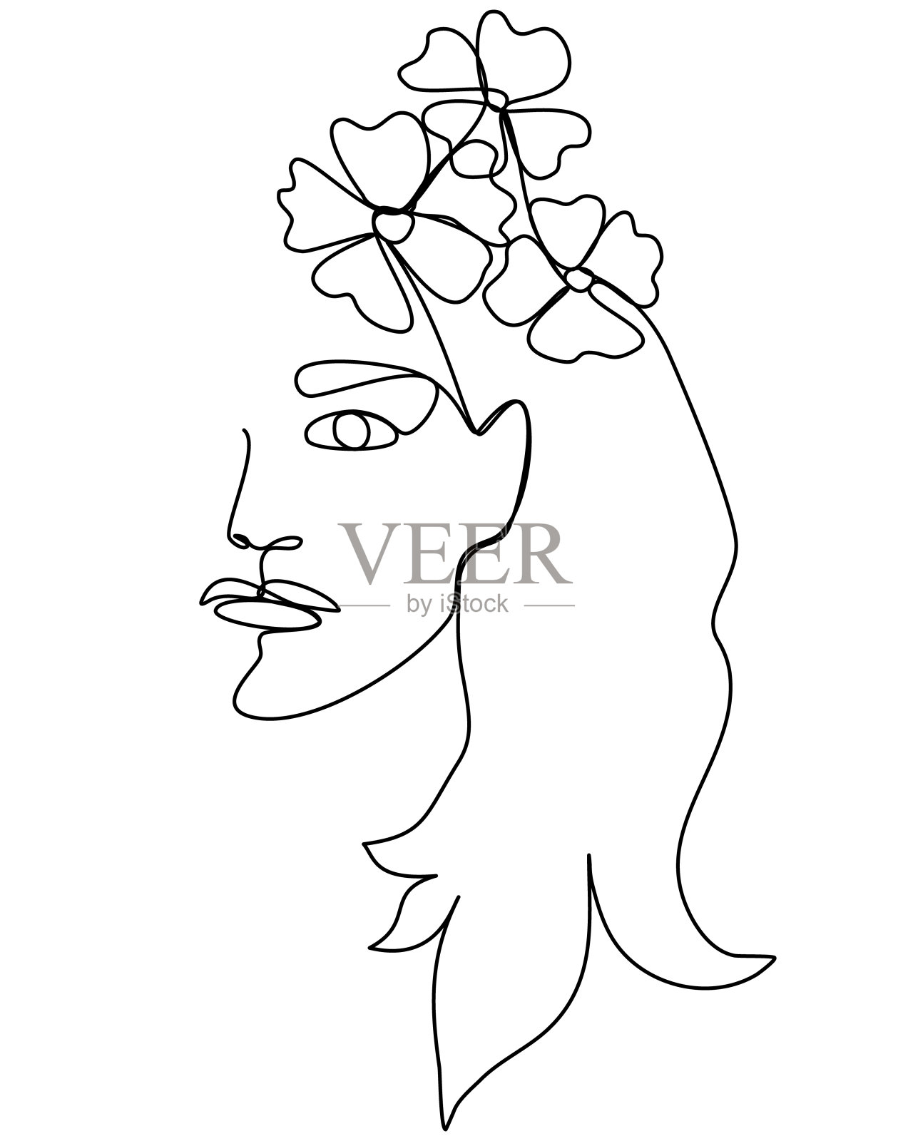 用连续的线条画出美丽女人的脸和花和叶子。抽象脸女人一线艺术可编辑孤立。时尚简约的风格。矢量插图。插画图片素材