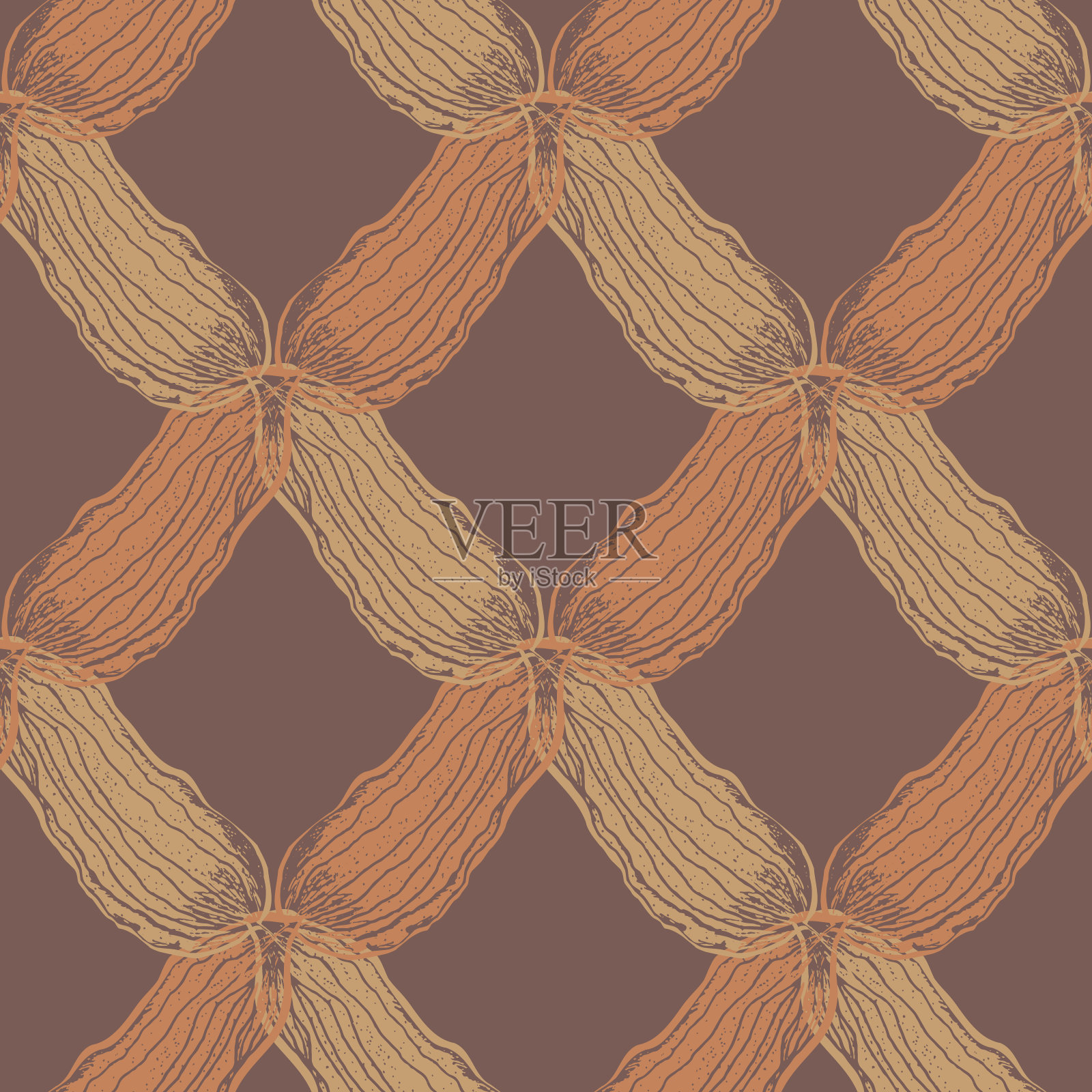 矢量编织效果锦缎编织无缝交织图案背景。背景与编织风格的纱线辫子股。几何巴洛克格子在温暖的棕色。优雅的对角线纵横重复。插画图片素材