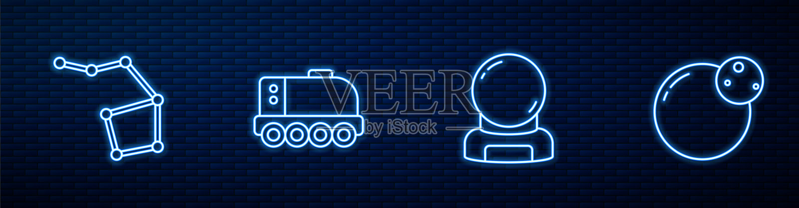 宇航员头盔,大熊星座,火星漫游者和行星。砖墙上发光的霓虹灯图标。向量插画图片素材