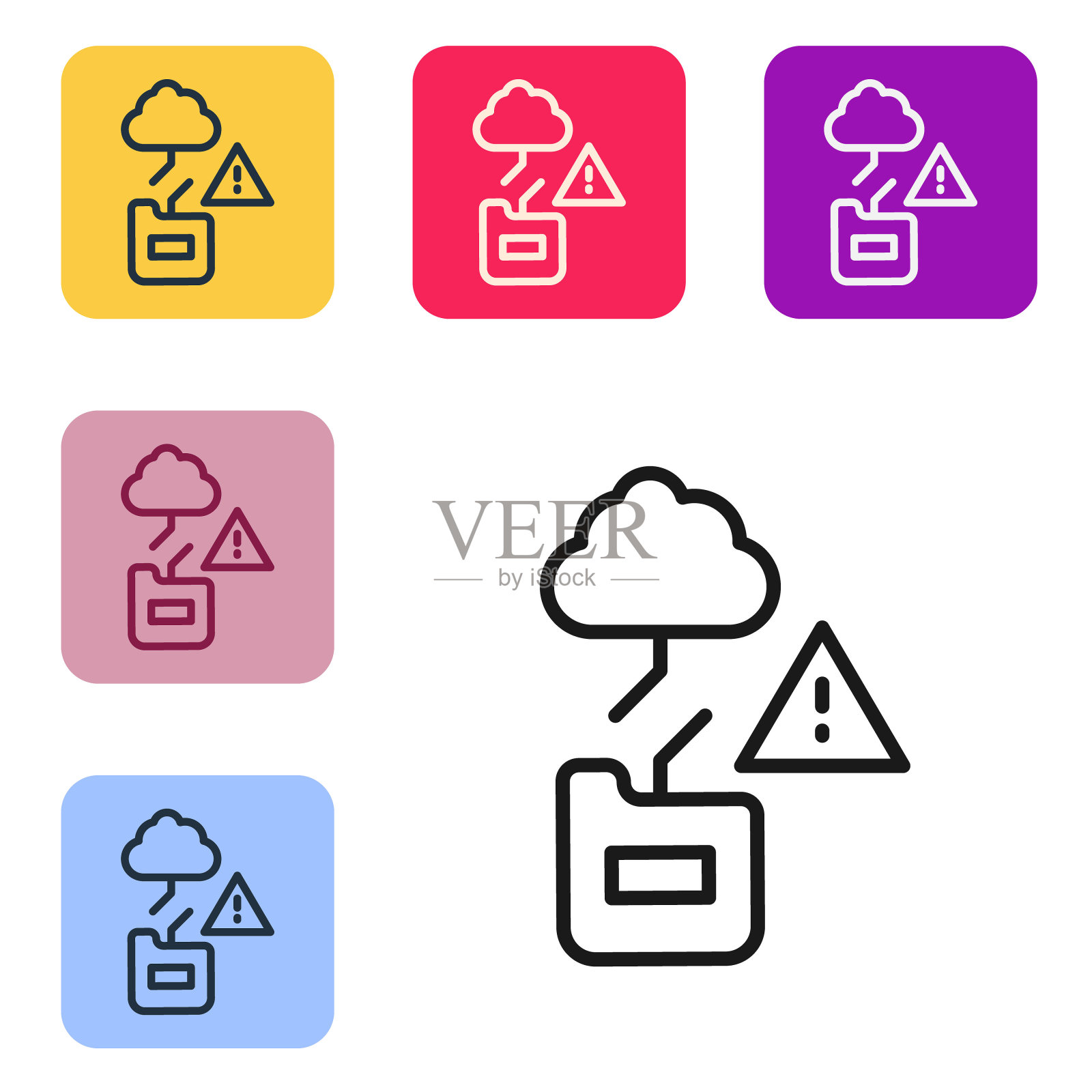黑线云技术数据传输和存储图标隔离在白色背景上。设置图标的颜色方形按钮。向量图标素材