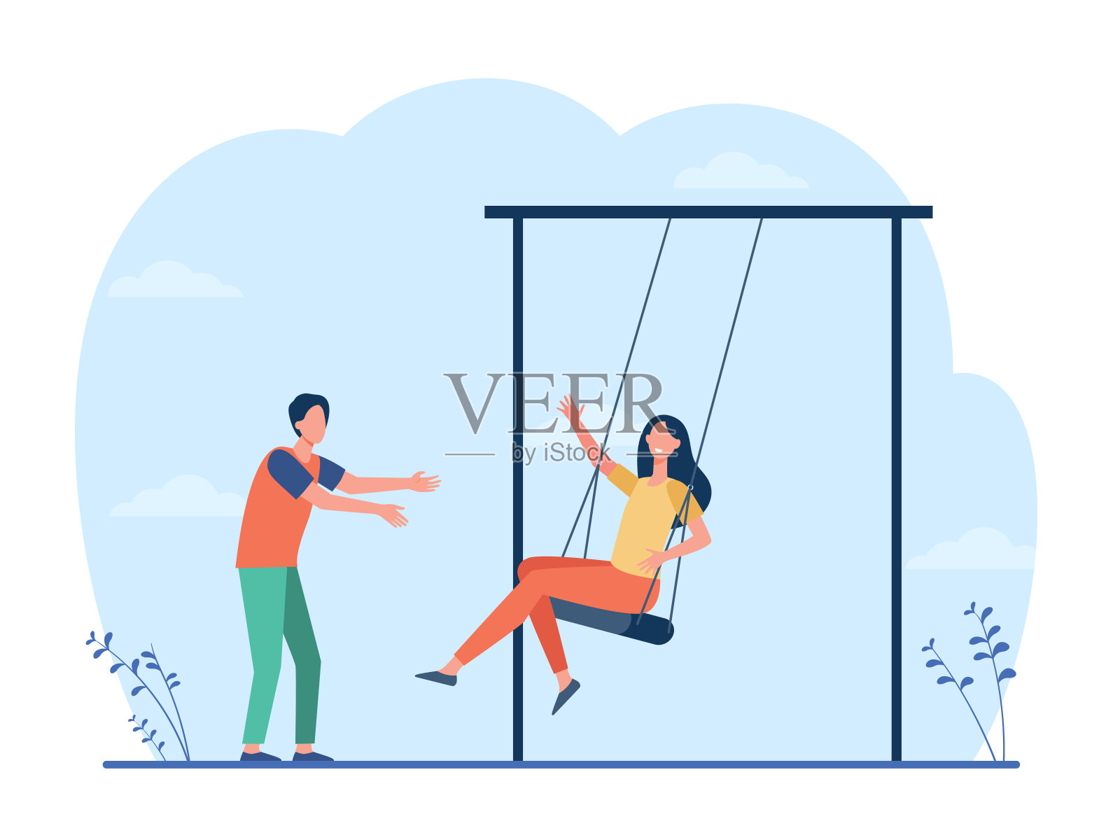 快乐的年轻夫妇在操场上玩插画图片素材