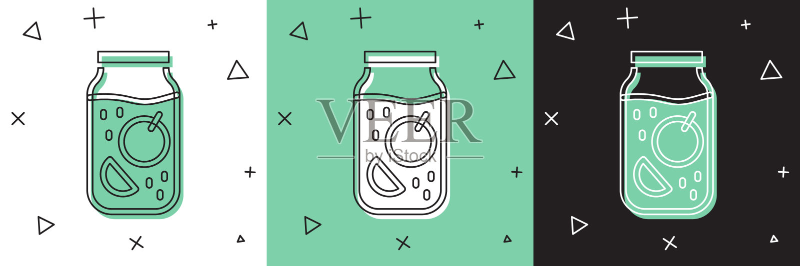 设置果酱罐图标隔离在白色和绿色,黑色背景。向量插画图片素材