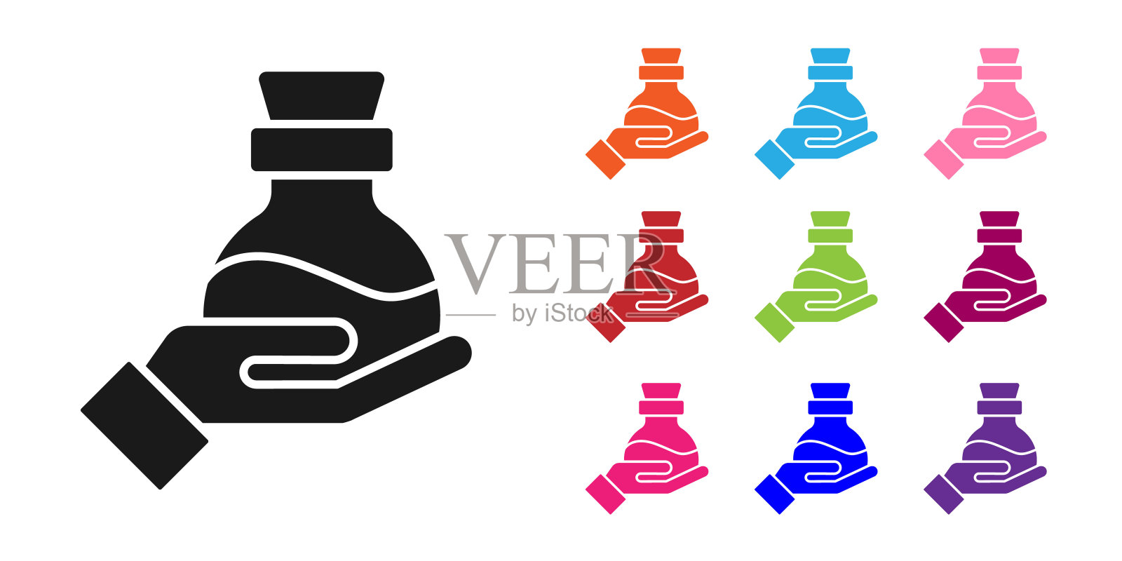 黑色瓶子和药水图标孤立在白色背景上。装有魔法药水的烧瓶。快乐的万圣节派对。设置图标丰富多彩。向量图标素材