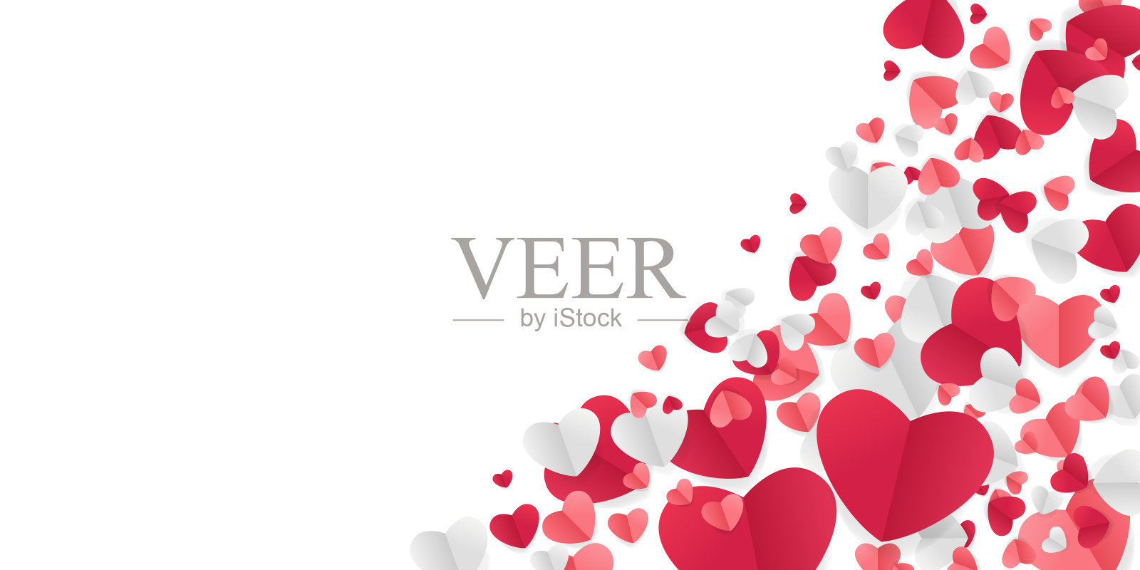 红色和粉红色的颜色与粉红色的心形纸屑孤立在白色的背景。矢量插图。剪纸情人节装饰设计。爱心形状的背景与剪纸插画图片素材