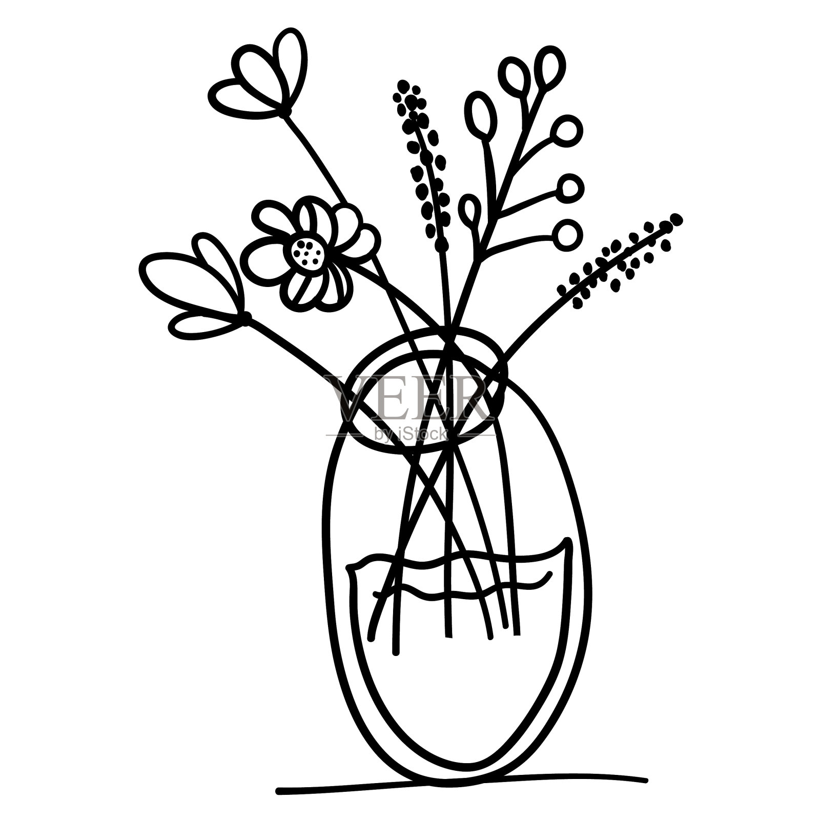 淘气的花束矢量画在涂鸦技术,极简主义的形象,在一个花瓶水花束花和芽,EPS10,股票插图插画图片素材