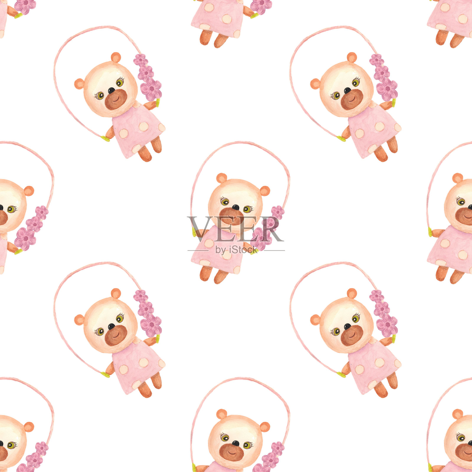 一只小熊在绳子上跳。无缝模式与白色背景。插画图片素材