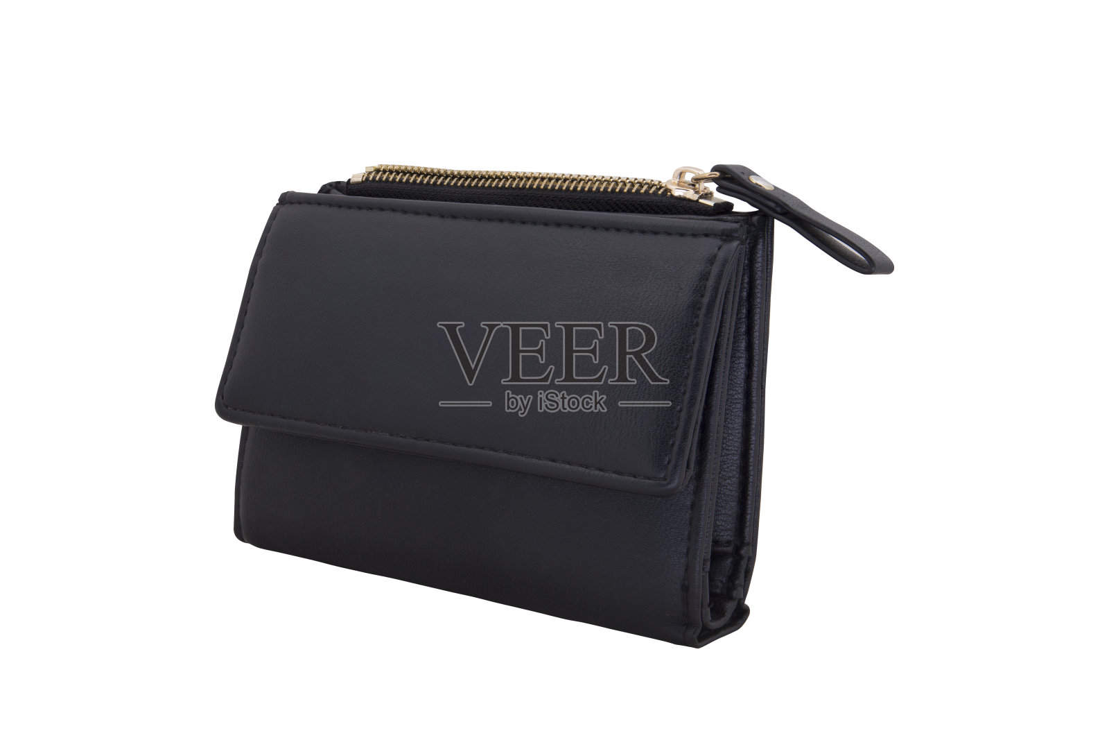 白色背景上的黑色拉链皮革钱包照片摄影图片