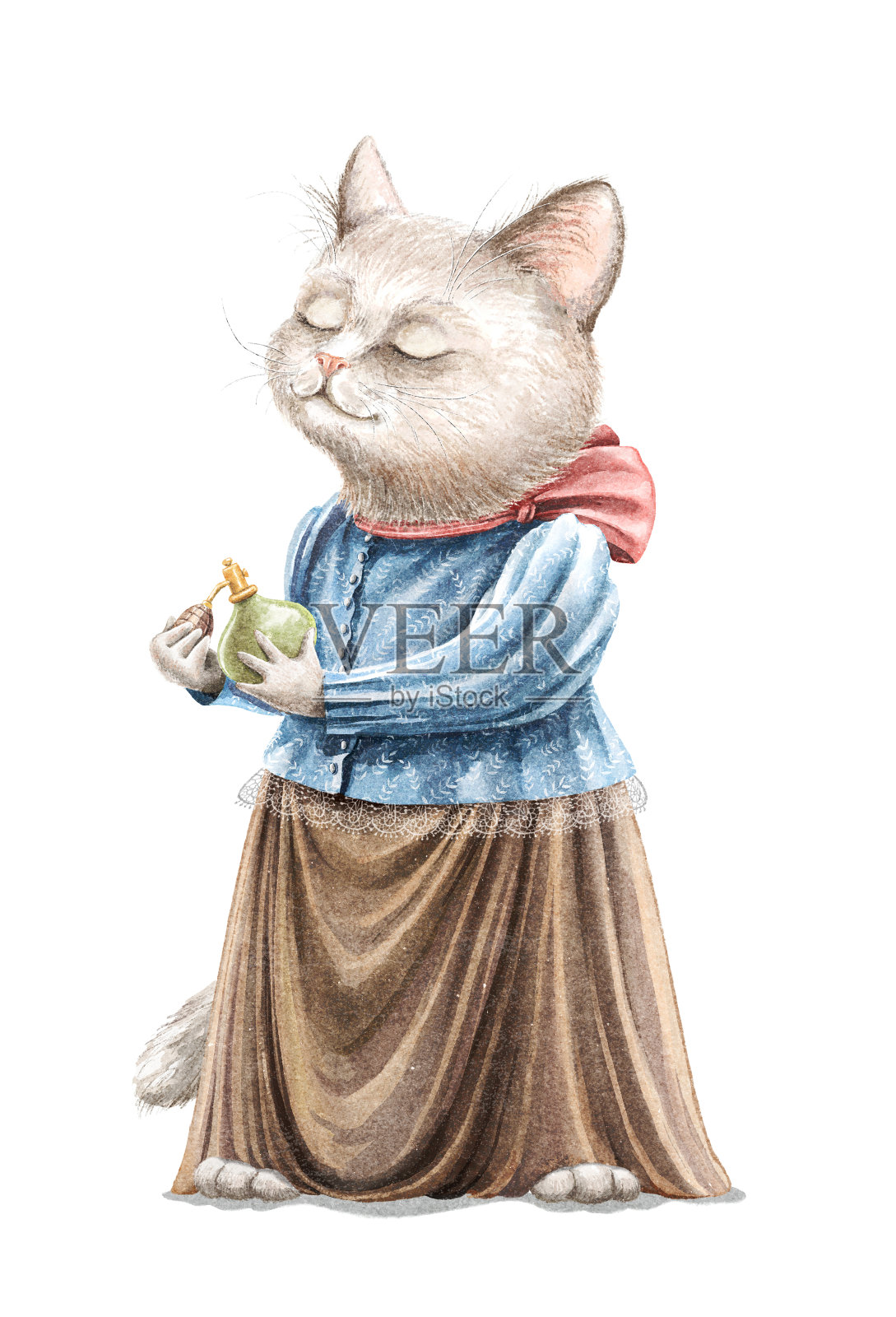 水彩复古卡通白色小猫在裙子洒香水设计元素图片