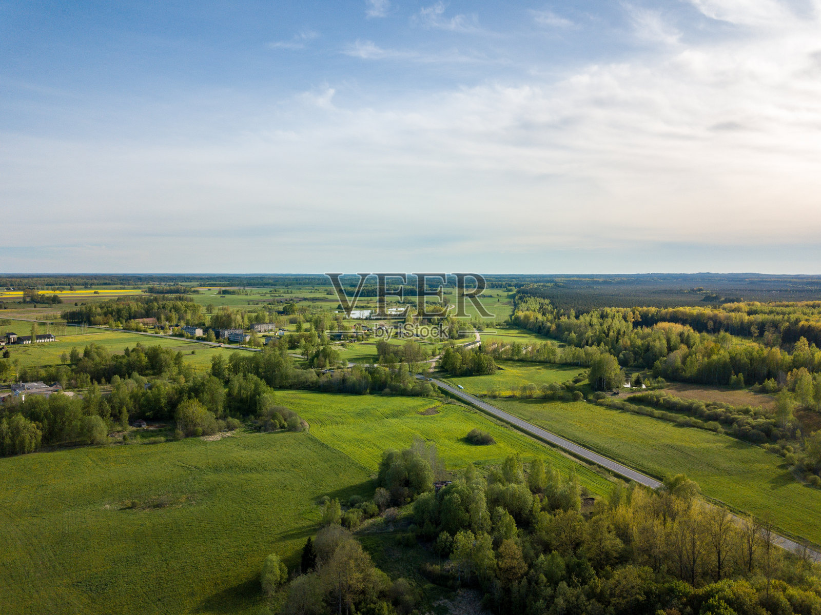 无人机拍摄的乡村夏日田野、森林和道路照片摄影图片