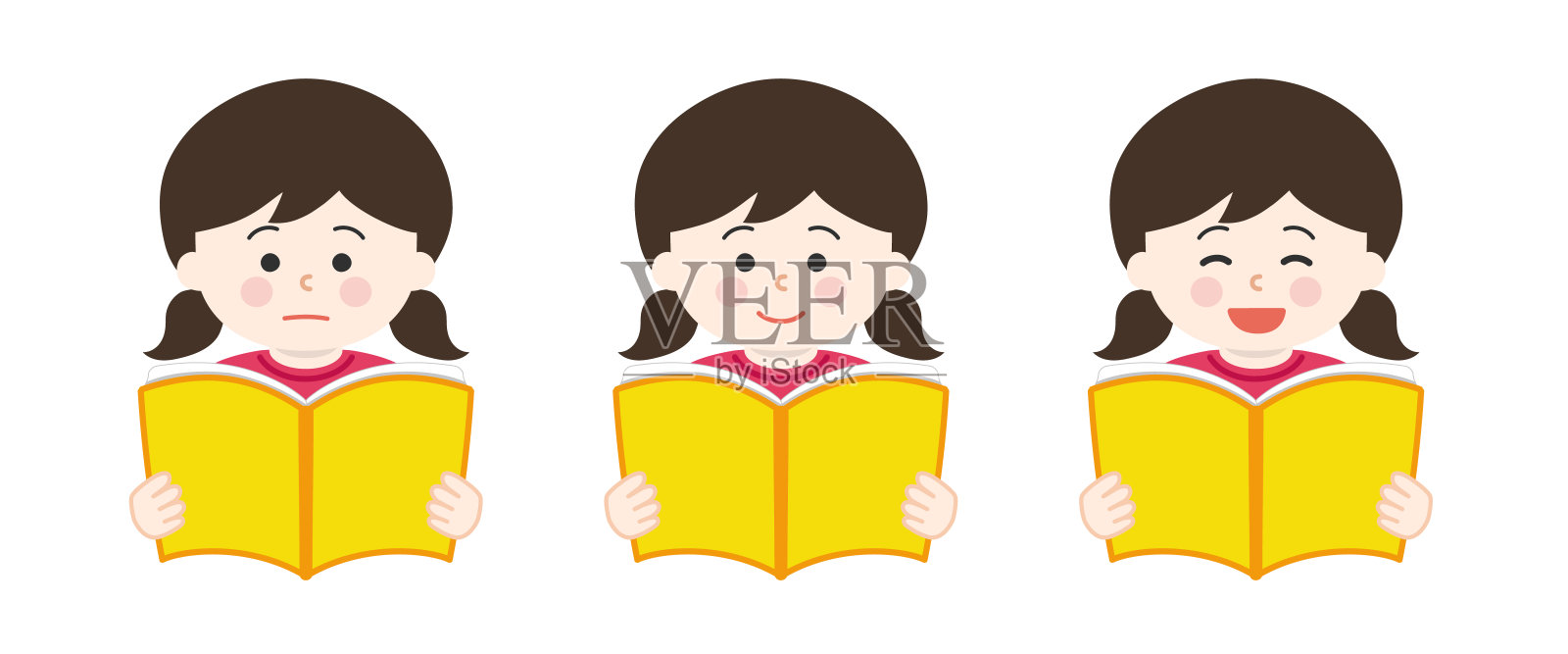 女孩拿着打开的书,用不同的表情阅读。插画图片素材