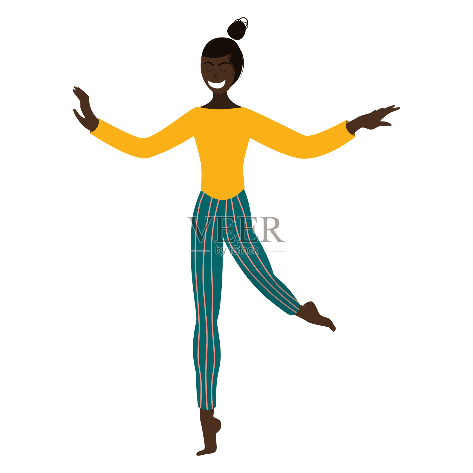 幸福苗条的黑色女孩在扁平风格的衣服孤立在白色的背景。爱你的身体,身体的积极性,运动。矢量插图。那个女孩在跳舞插画图片素材
