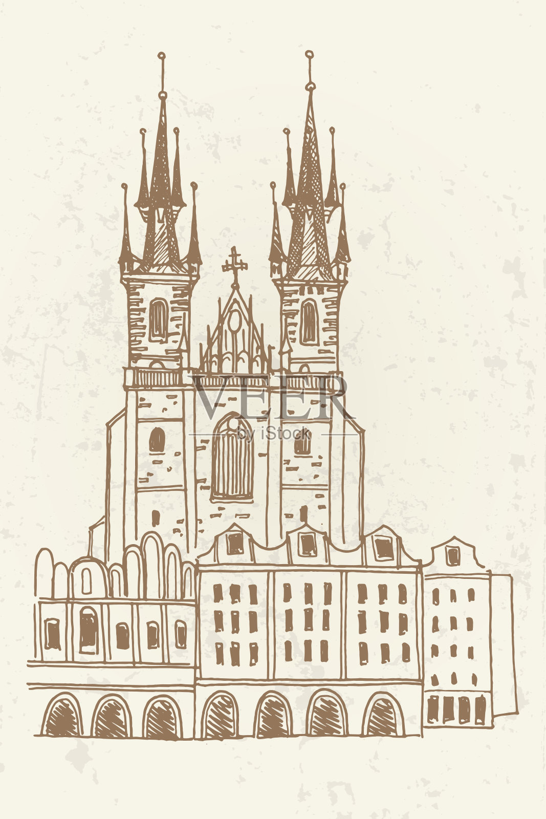 捷克共和国,布拉格,泰恩前圣母教堂的矢量素描。插画图片素材