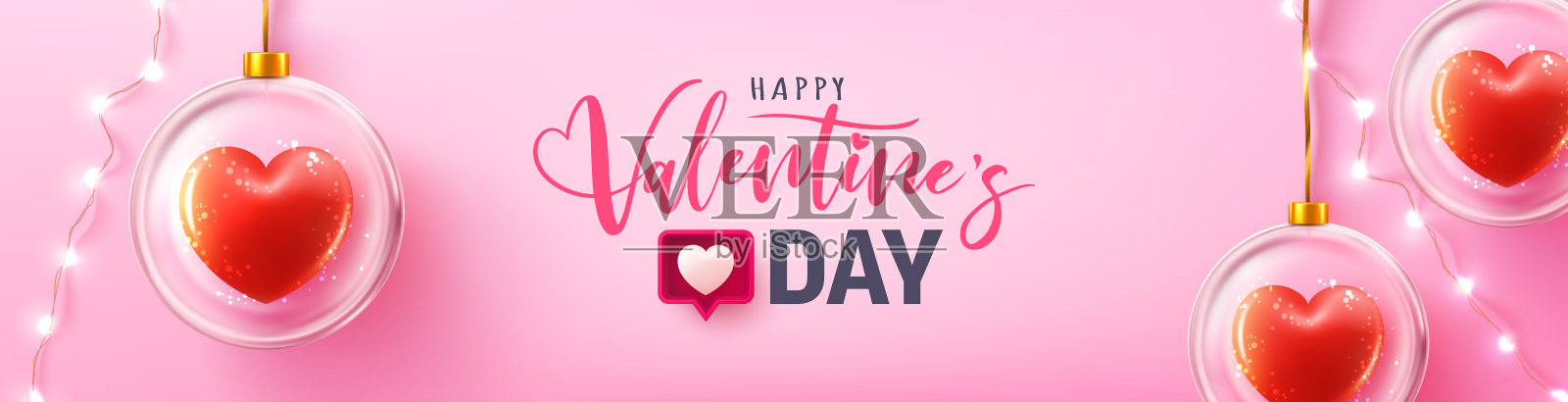 情人节海报或横幅,在粉红色的背景玻璃球的甜心。促销和购物模板或背景的爱情和情人节的概念。向量EPS10插画图片素材