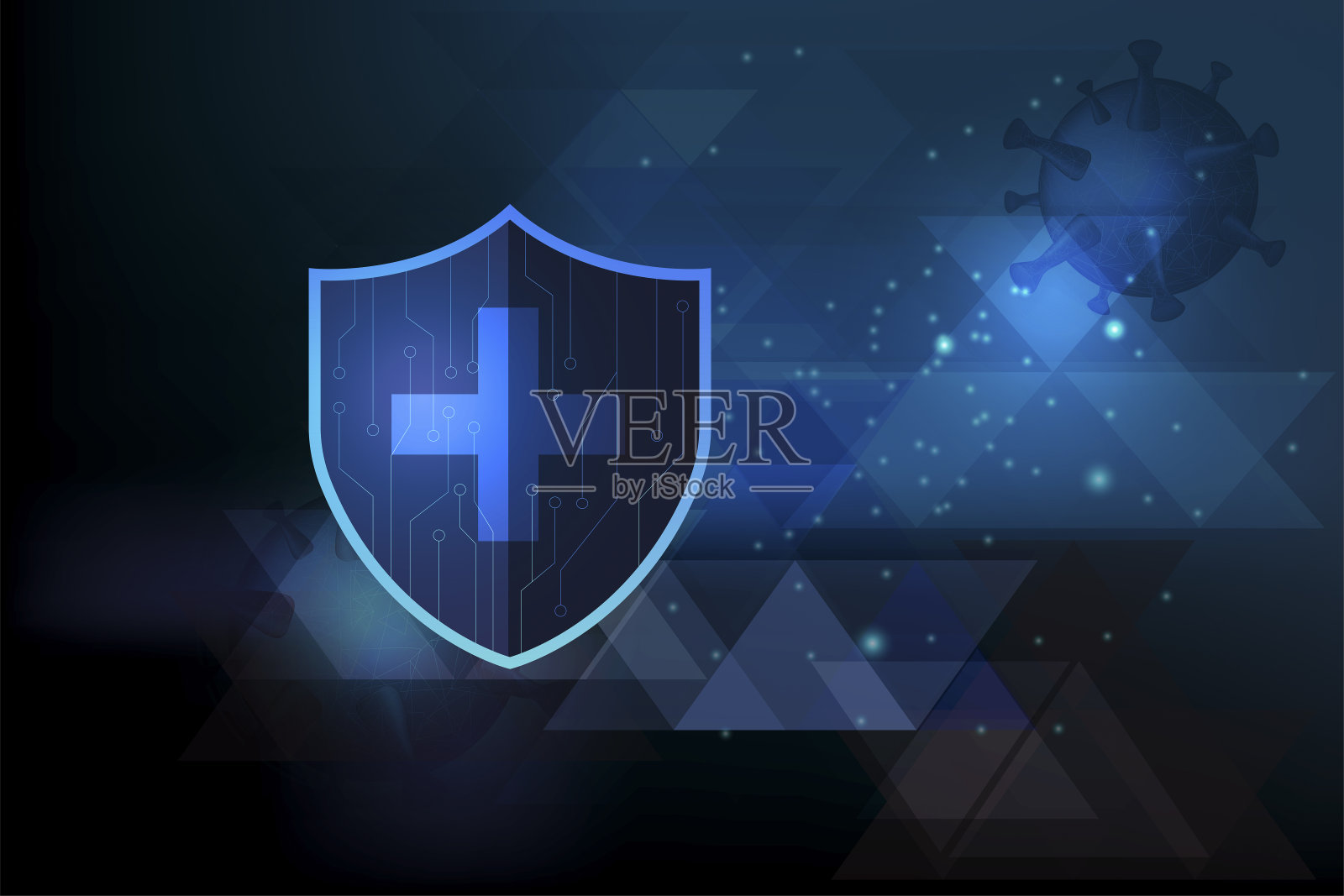 带有网格工具的保护符号设计用于在蓝色背景上保护Corona病毒,病毒疾病爆发。插画图片素材