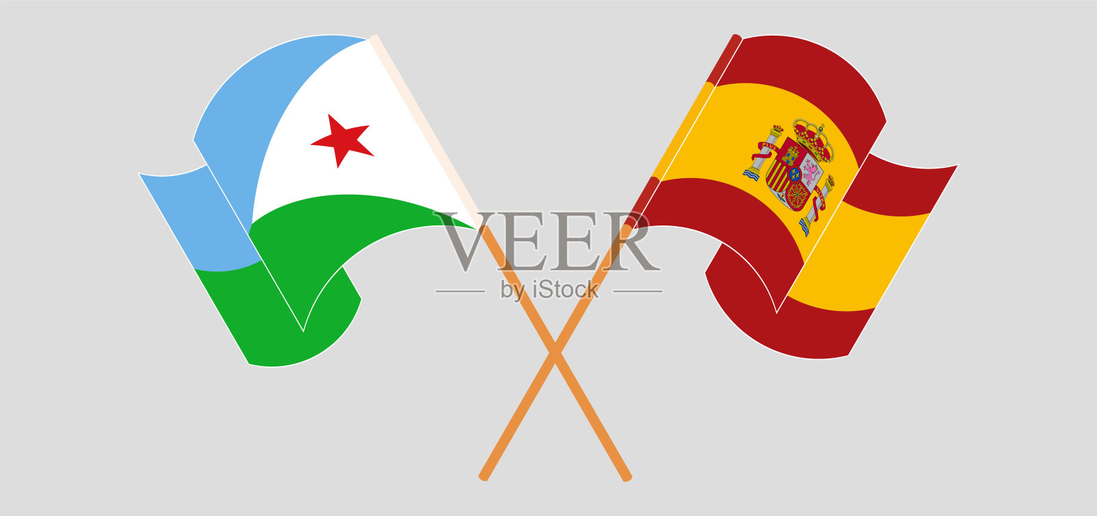 吉布提和西班牙国旗交叉挥舞插画图片素材