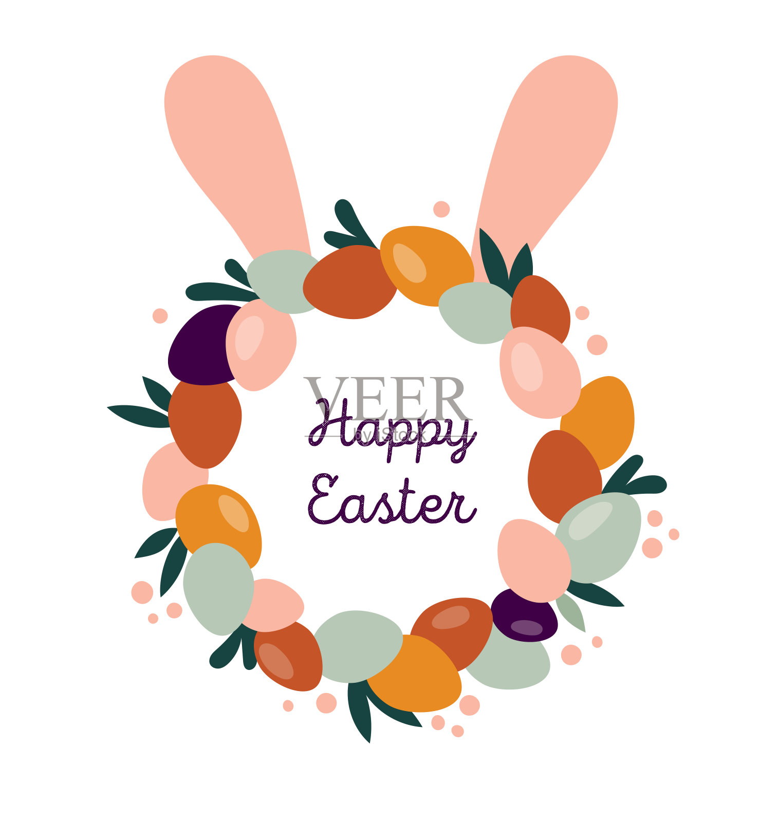 波西米亚复活节概念设计,花环兔子耳朵,鸡蛋和花在蜡笔和陶土颜色,平面矢量插图插画图片素材