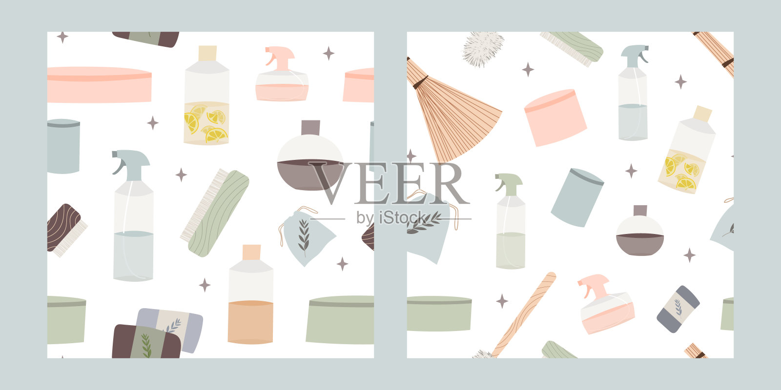 自然的家用清洁剂。环保洗涤剂,不含化学成分。“零浪费”的生活方式。环境友好的清洁。格林家的概念。矢量平面卡通插图,无缝图案插画图片素材