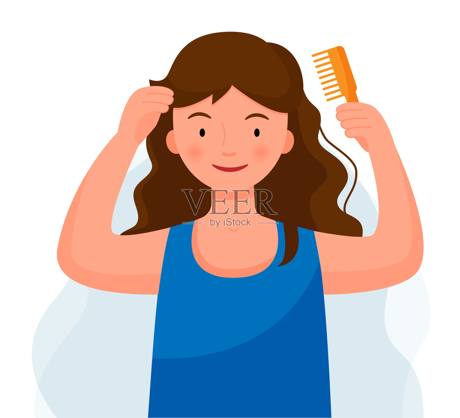 用梳子梳头的女人。女孩关心头发。早晨例行公事。插画图片素材