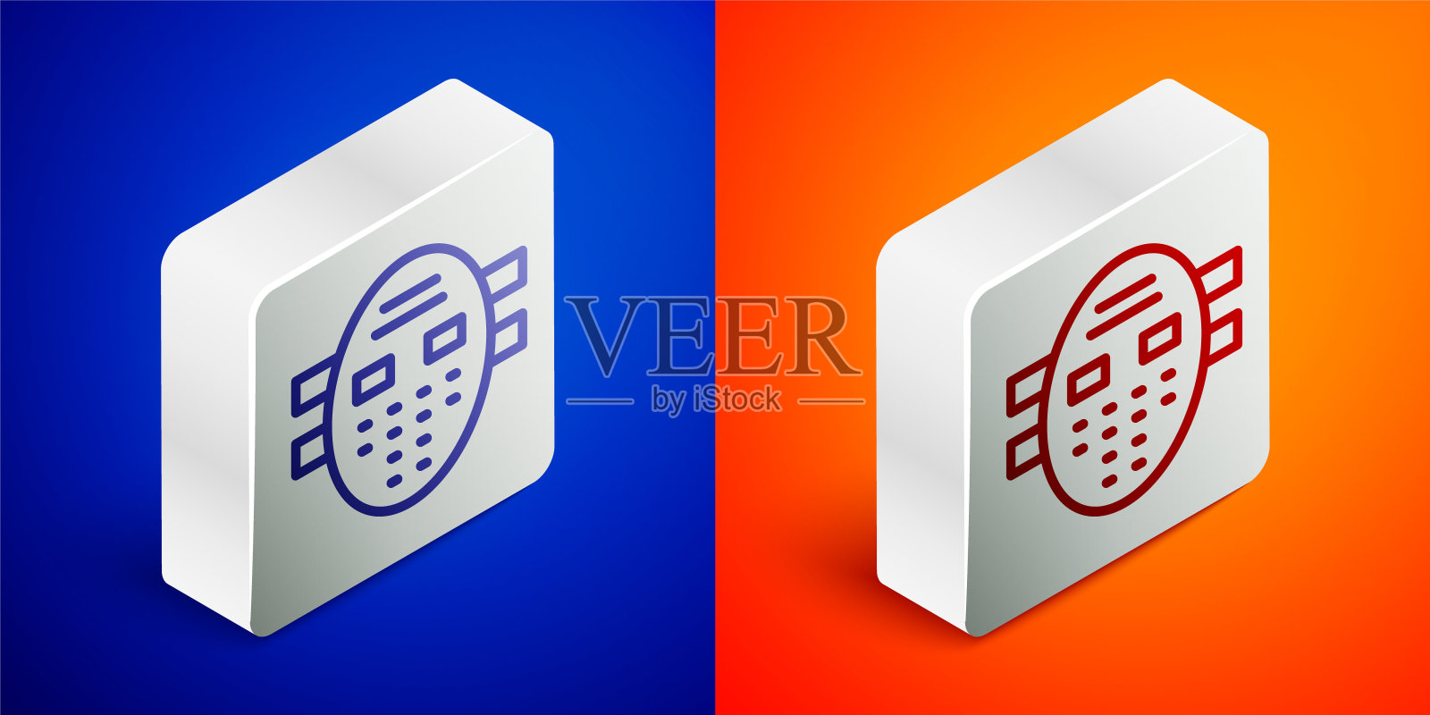 等距线曲棍球面具图标隔离在蓝色和橙色的背景。银广场按钮。向量图标素材