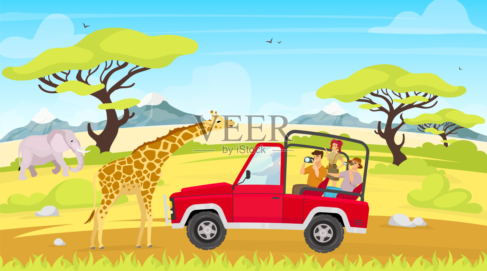 非洲探险平矢量插图。大草原之旅。旅游团乘车观察长颈鹿。女人和男人在卡车里。大象在绿色的田野里。动物和人卡通人物插画图片素材