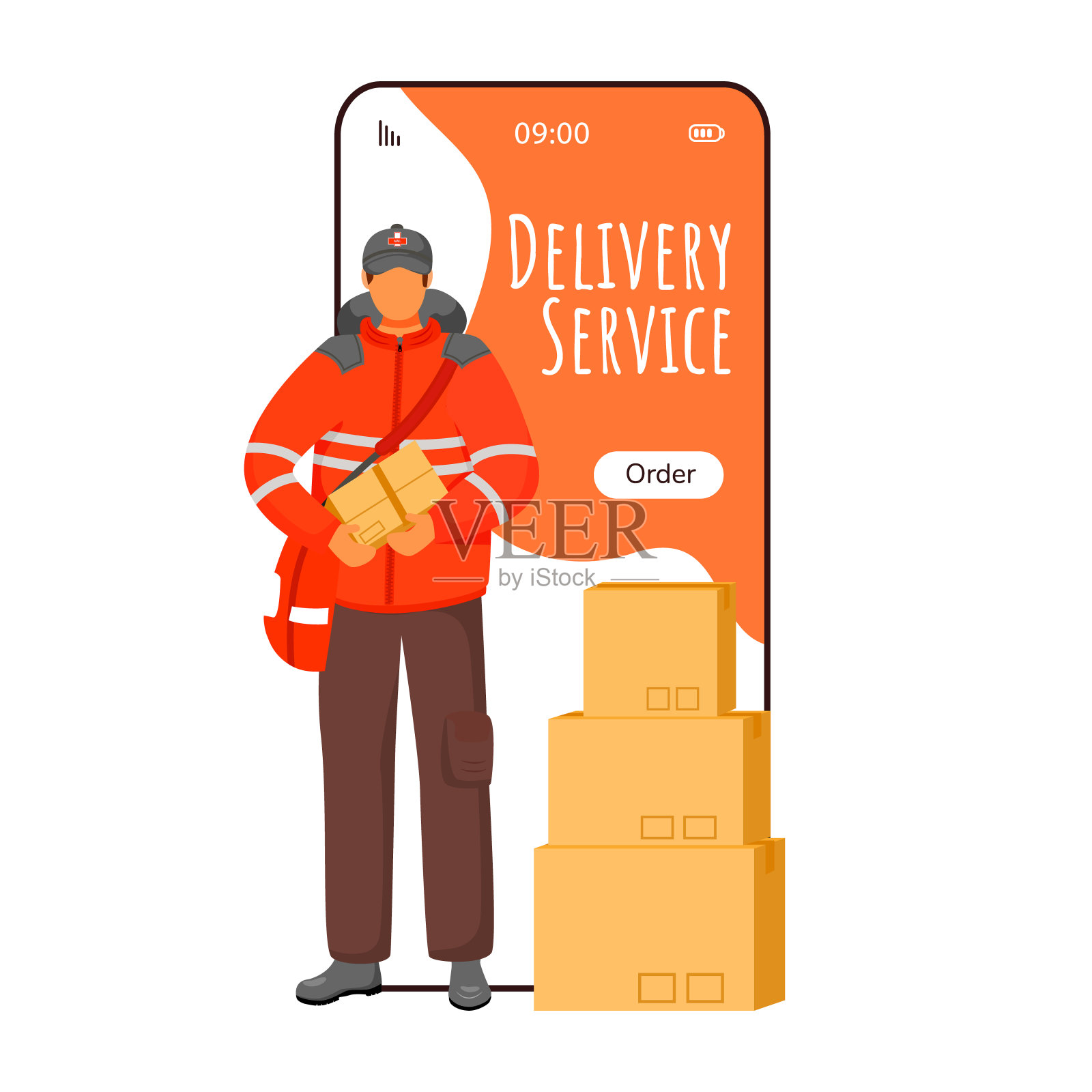 卡通快递服务智能手机矢量app屏幕。包裹跟踪通知。穿英国制服的男人。手机显示与平面字符设计模型。应用电话接口插画图片素材