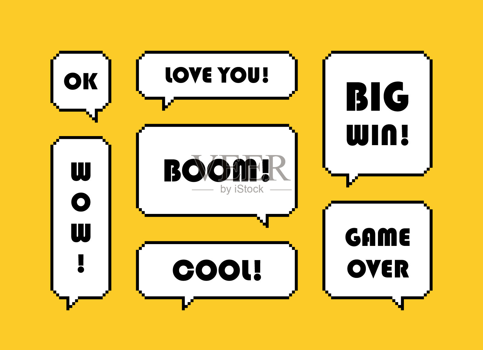 设置不同像素的语音气泡与文本表达隔离在黄色背景上。几何文本对话框。现代的矢量图插画图片素材