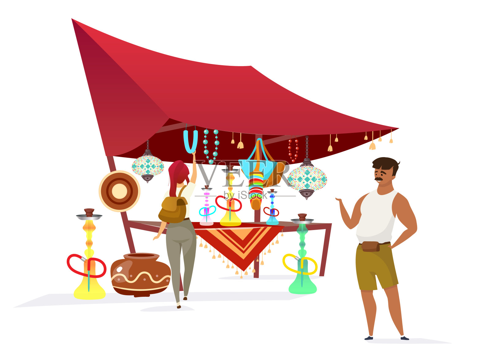 埃及集市平面颜色矢量无面字符。传统的非洲露天市场。卖水烟的穆斯林小贩,旅游纪念品的孤立的白色背景卡通插图插画图片素材