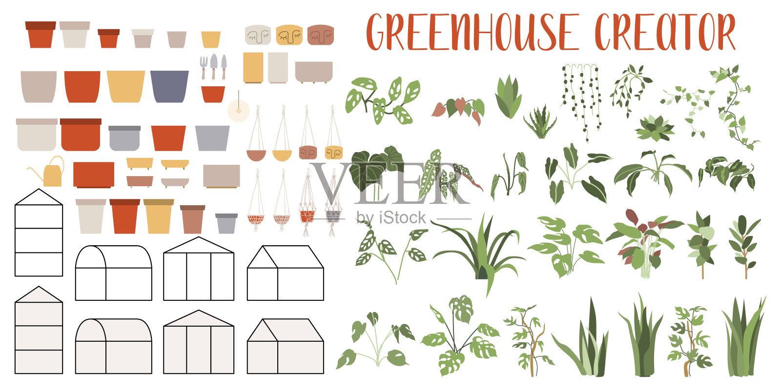 温室的创造者。大房间里有室内植物和花盆。植物园的概念,家庭园艺。手绘矢量插图在平面卡通风格。完美的海报,贴纸,打印,卡片。插画图片素材