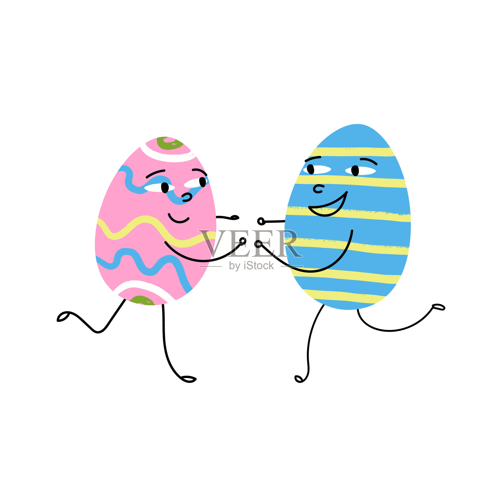 可爱的复活节字符。一对装饰过的鸡蛋跑着牵着彼此的手。矢量孤立手绘插图。插画图片素材
