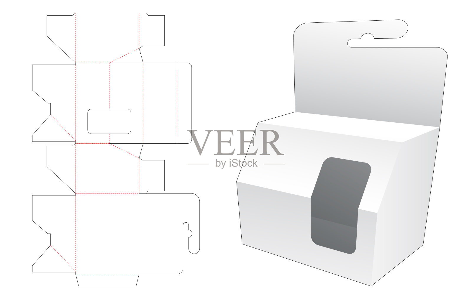 挂式短倒角包装盒,带窗式模切模板插画图片素材