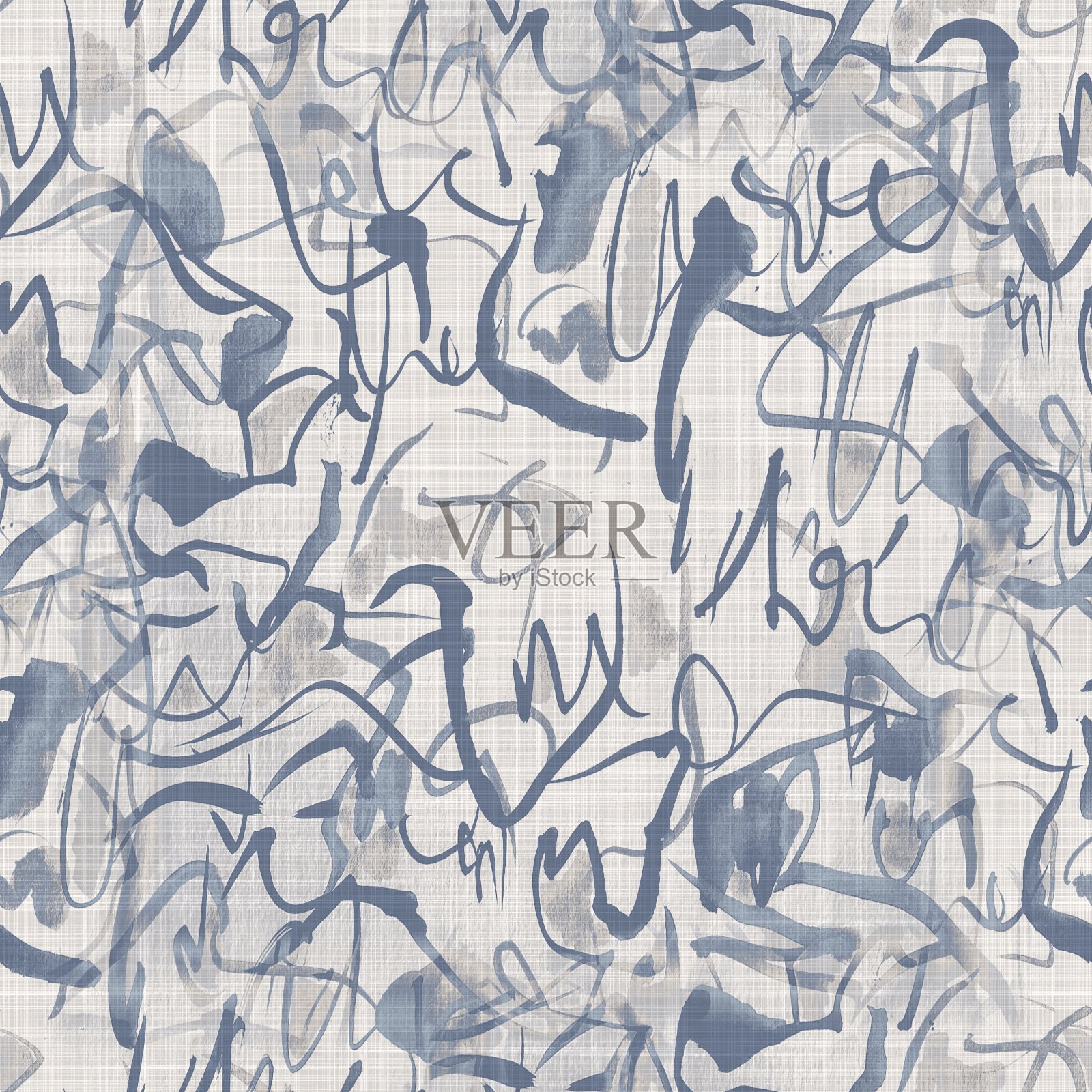 无缝法国农家亚麻涂鸦背景。普罗旺斯蓝灰色亚麻布质朴的图案纹理。破旧别致的风格,旧织亚麻蓝潦草。纺织图案全部印刷。插画图片素材