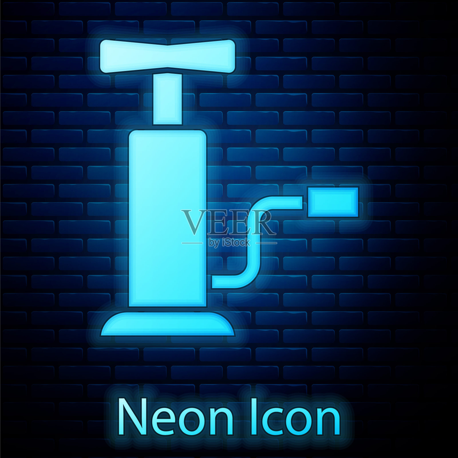 霓虹灯汽车气泵图标孤立在砖墙背景上。向量插画图片素材