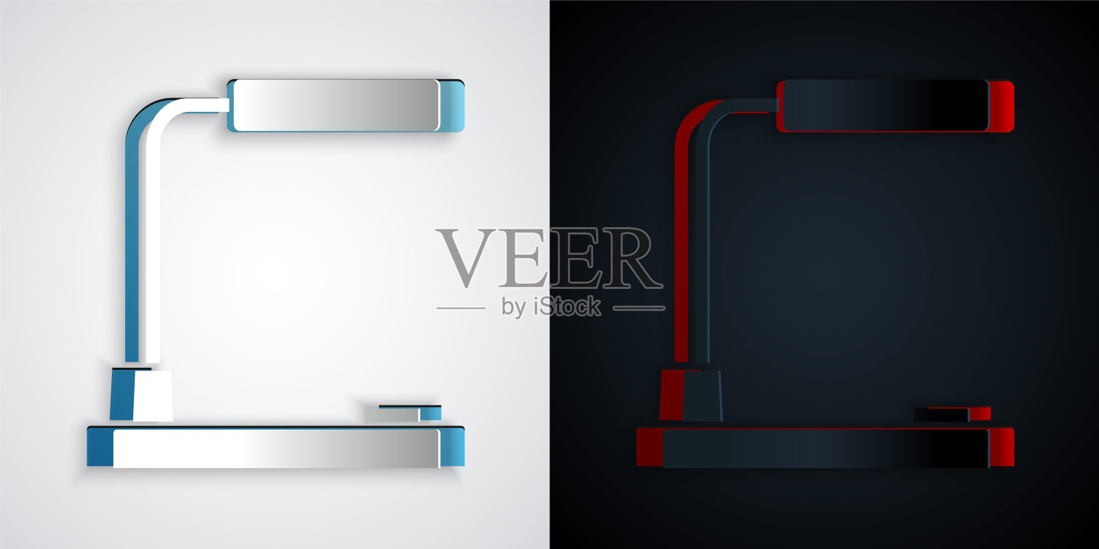 剪纸台灯图标孤立在灰色和黑色的背景。台灯。纸艺术风格。向量插画图片素材