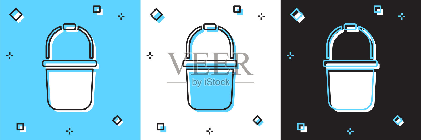 设置桑拿桶图标孤立在蓝色和白色,黑色背景。向量插画图片素材