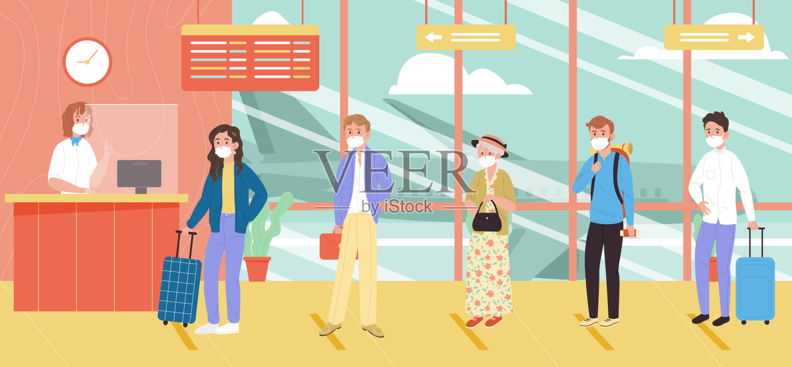 戴口罩的人在机场办理登机手续。插画图片素材