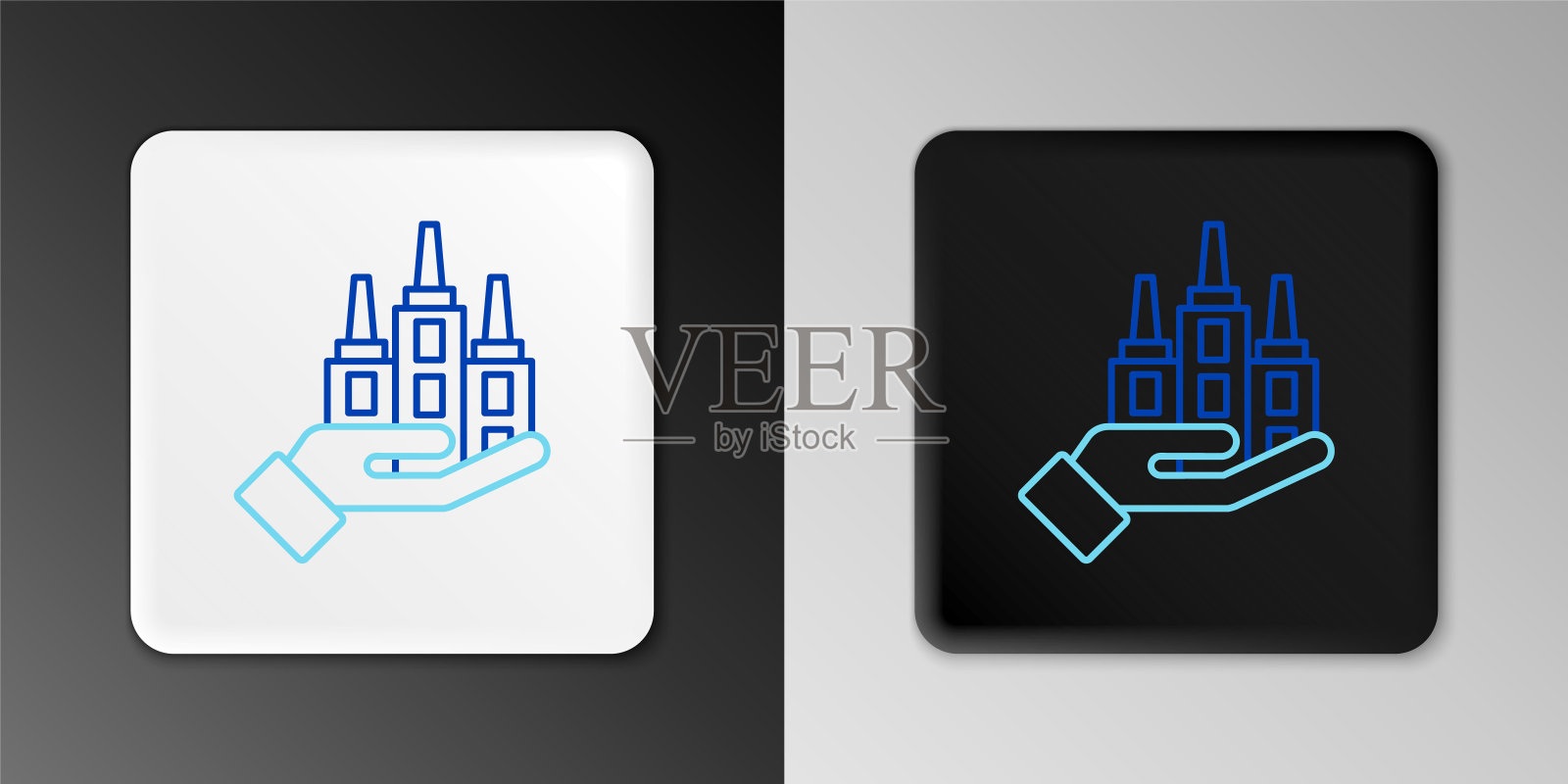 线条摩天大楼图标孤立在灰色背景。都市建筑全景景观。色彩斑斓的轮廓的概念。向量图标素材