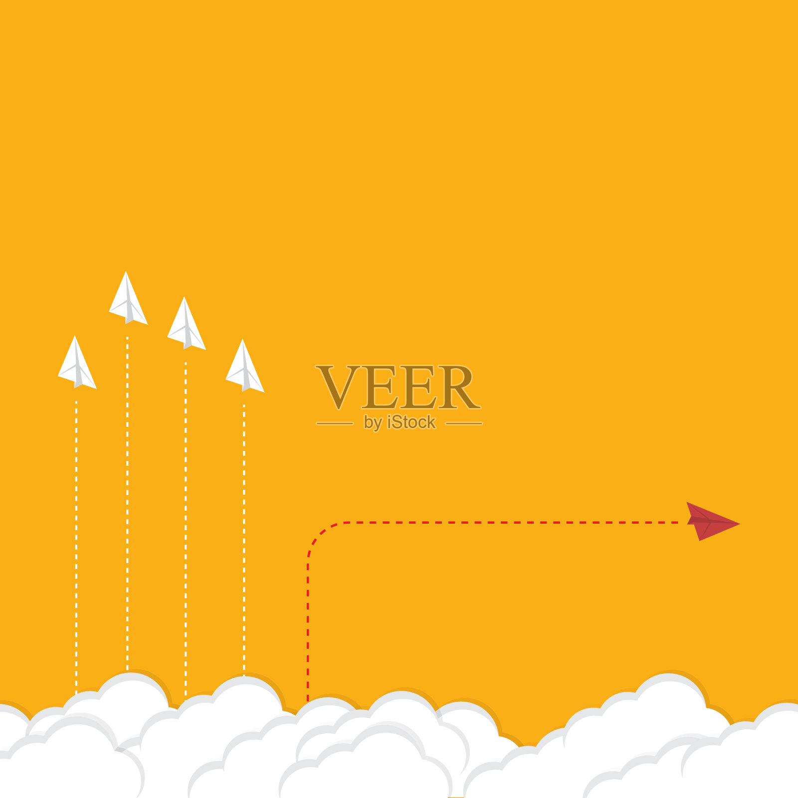 认为不同的概念。红色飞机改变方向。新观念、变化、潮流、勇气、创造性解决方案、创新和独特方式的观念。插画图片素材