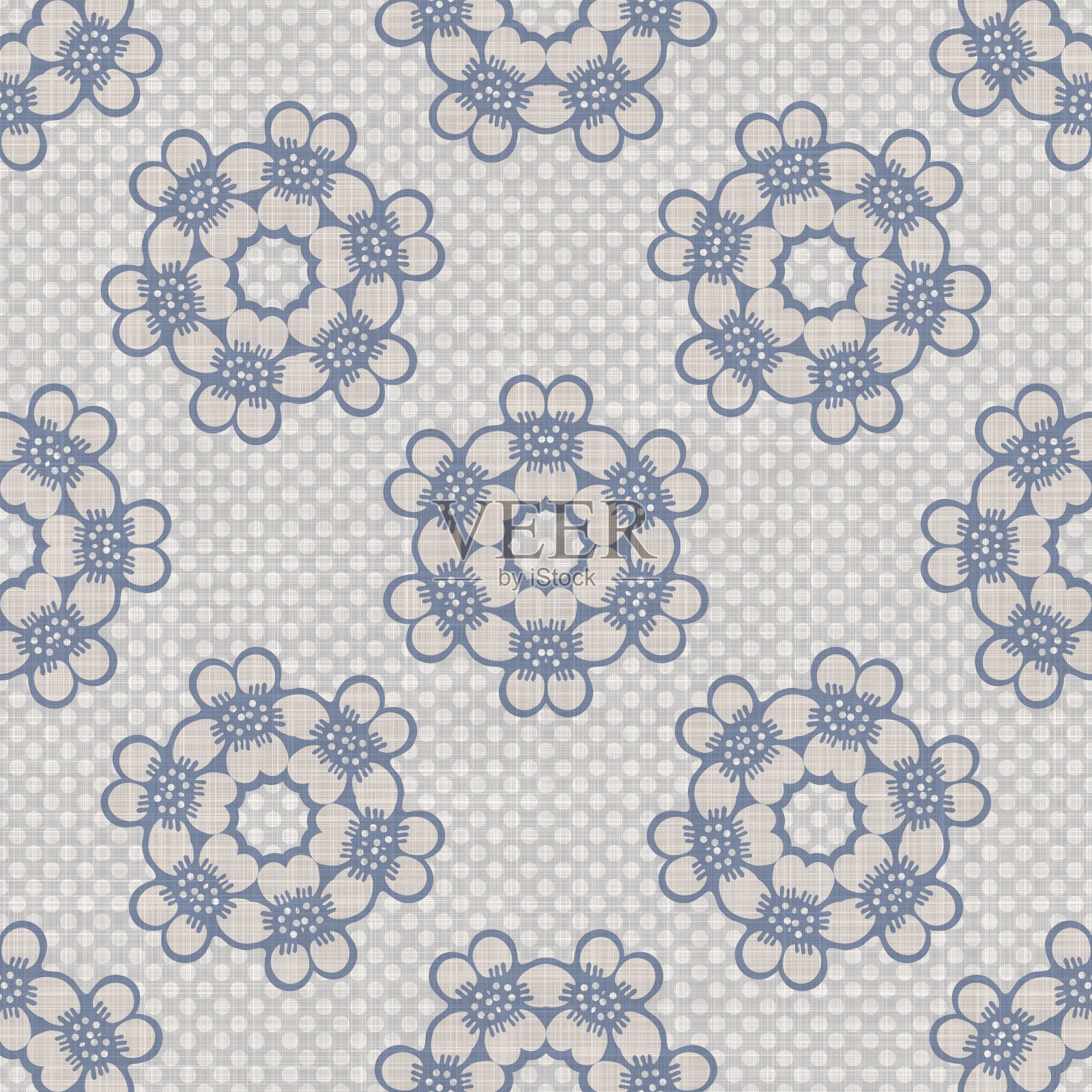 无缝法国农家亚麻印花花缎背景。普罗旺斯蓝灰色亚麻花纹纹理。破旧别致的编织风格模糊的背景。纺织农家全印插画图片素材