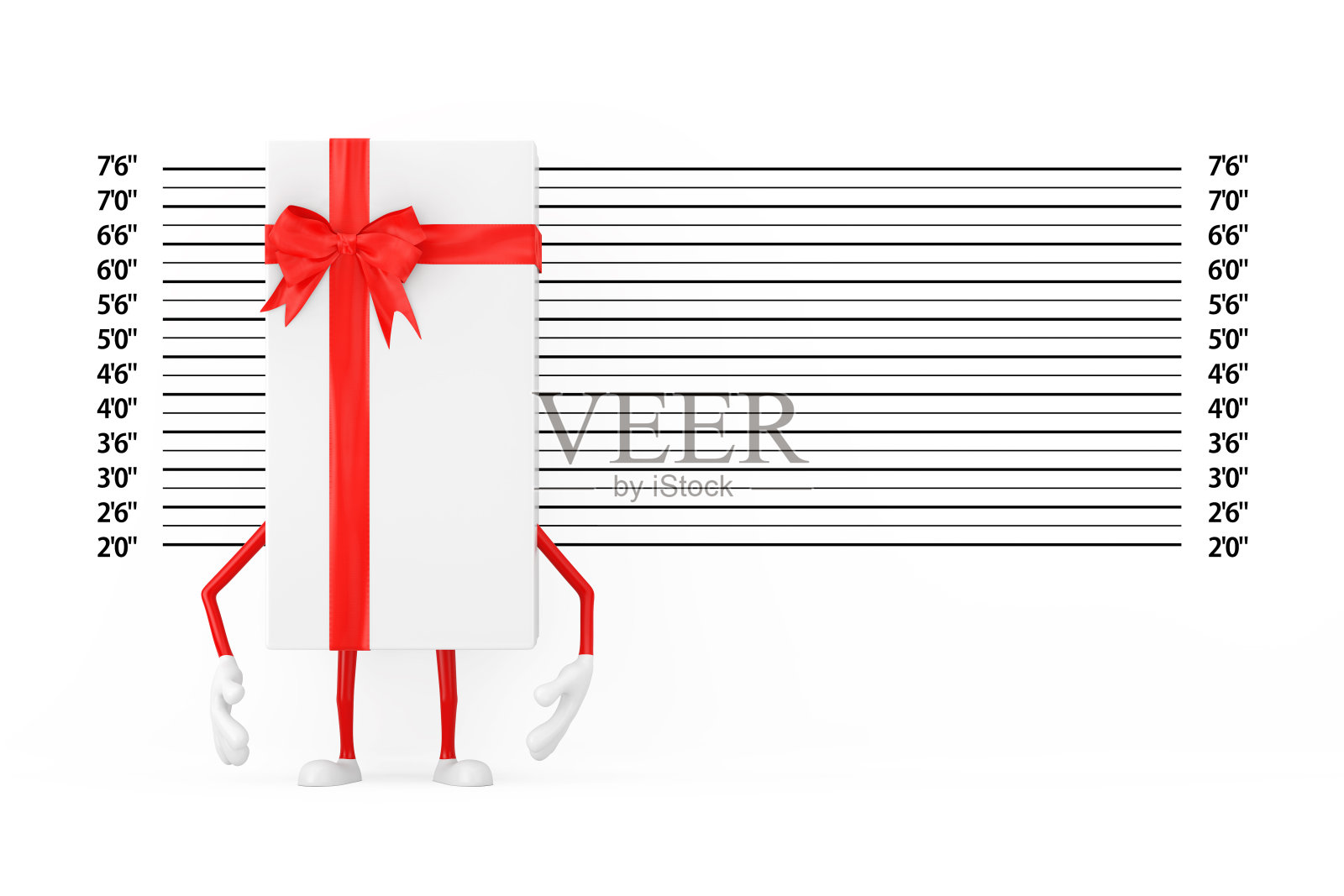 白色礼盒和红丝带吉祥物在警察指认或脸部照片背景。3d渲染照片摄影图片