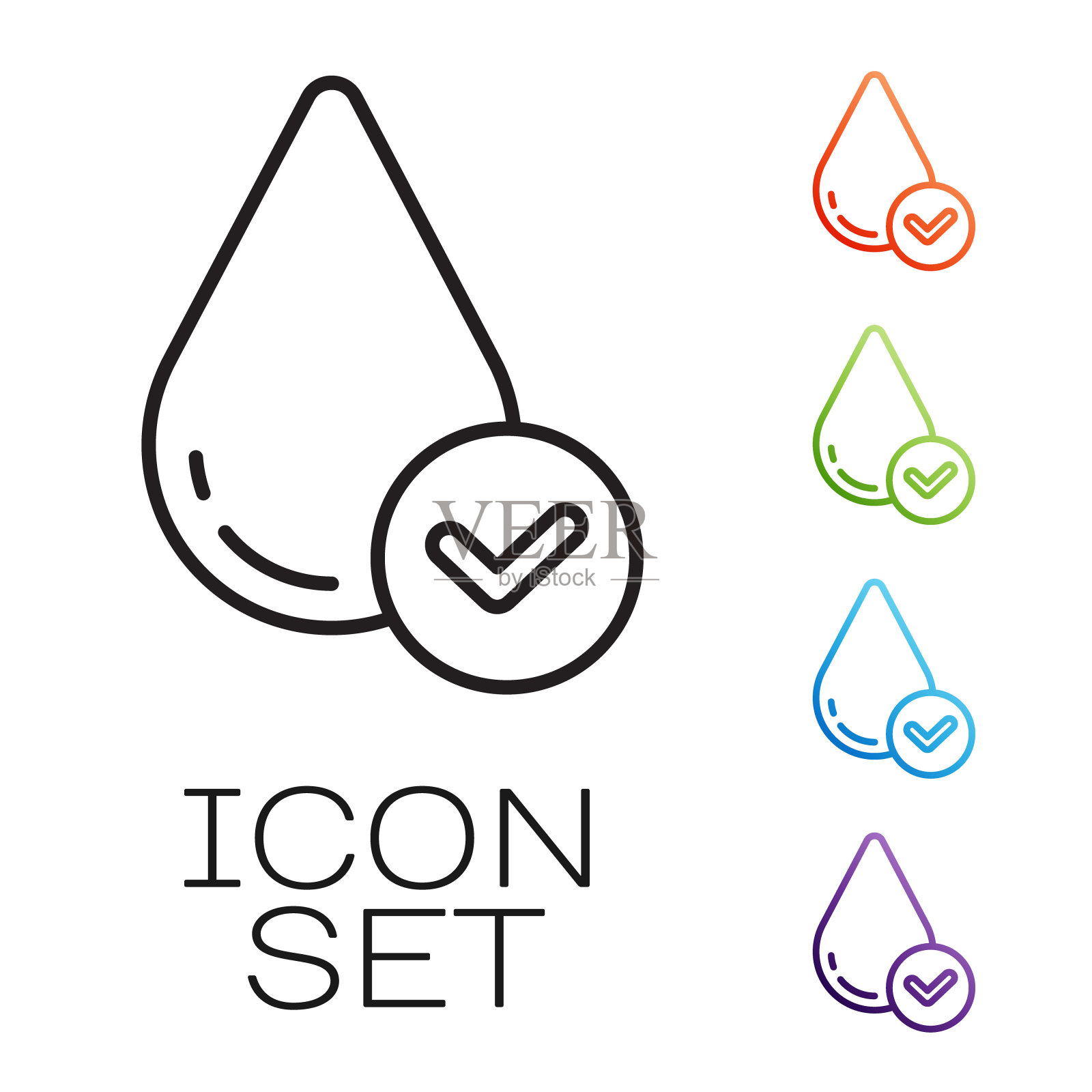 黑线水滴图标孤立的白色背景。设置图标丰富多彩。向量图标素材