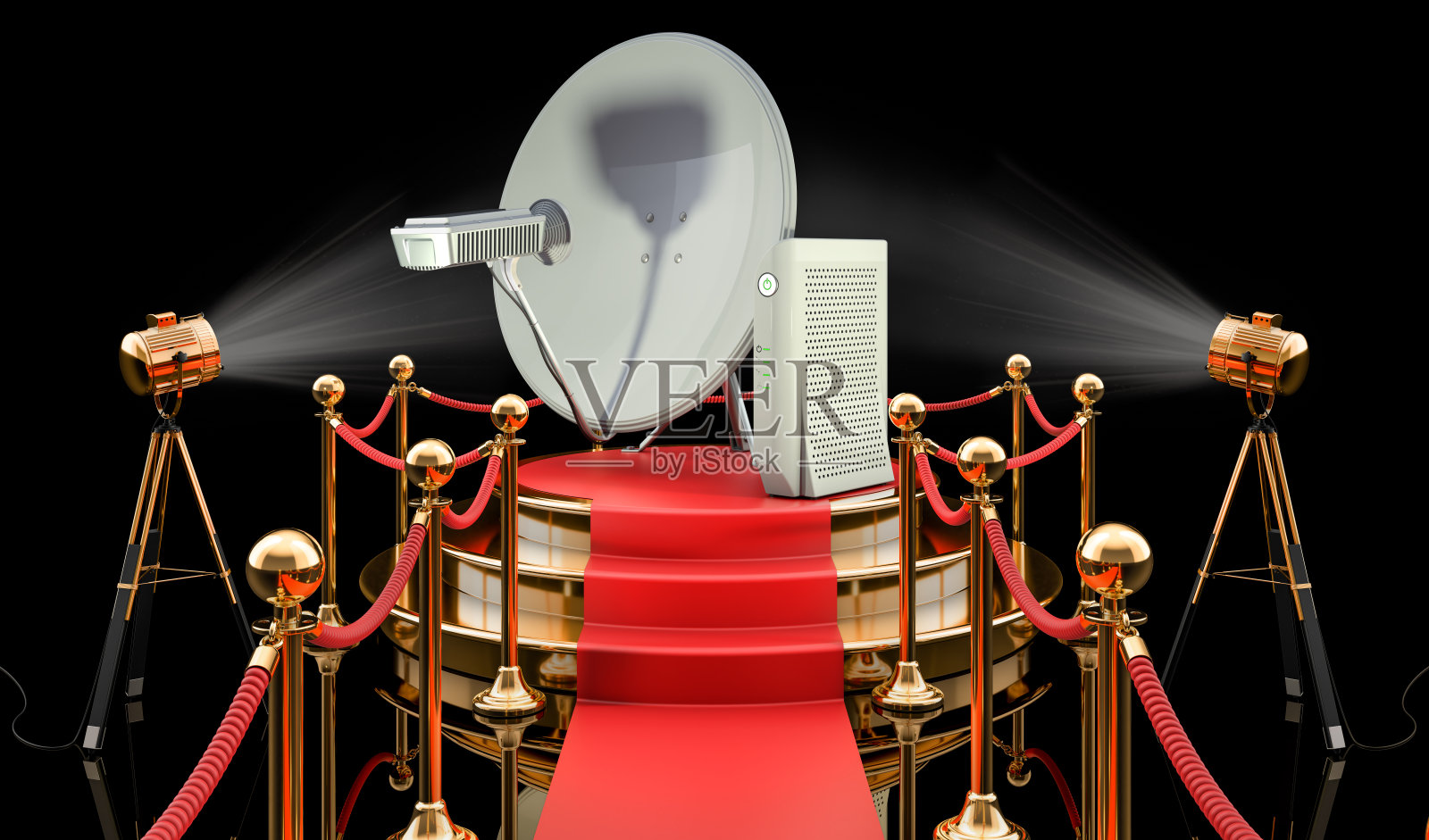 平台与通信卫星天线与卫星调制解调器,3D渲染孤立的黑色背景照片摄影图片