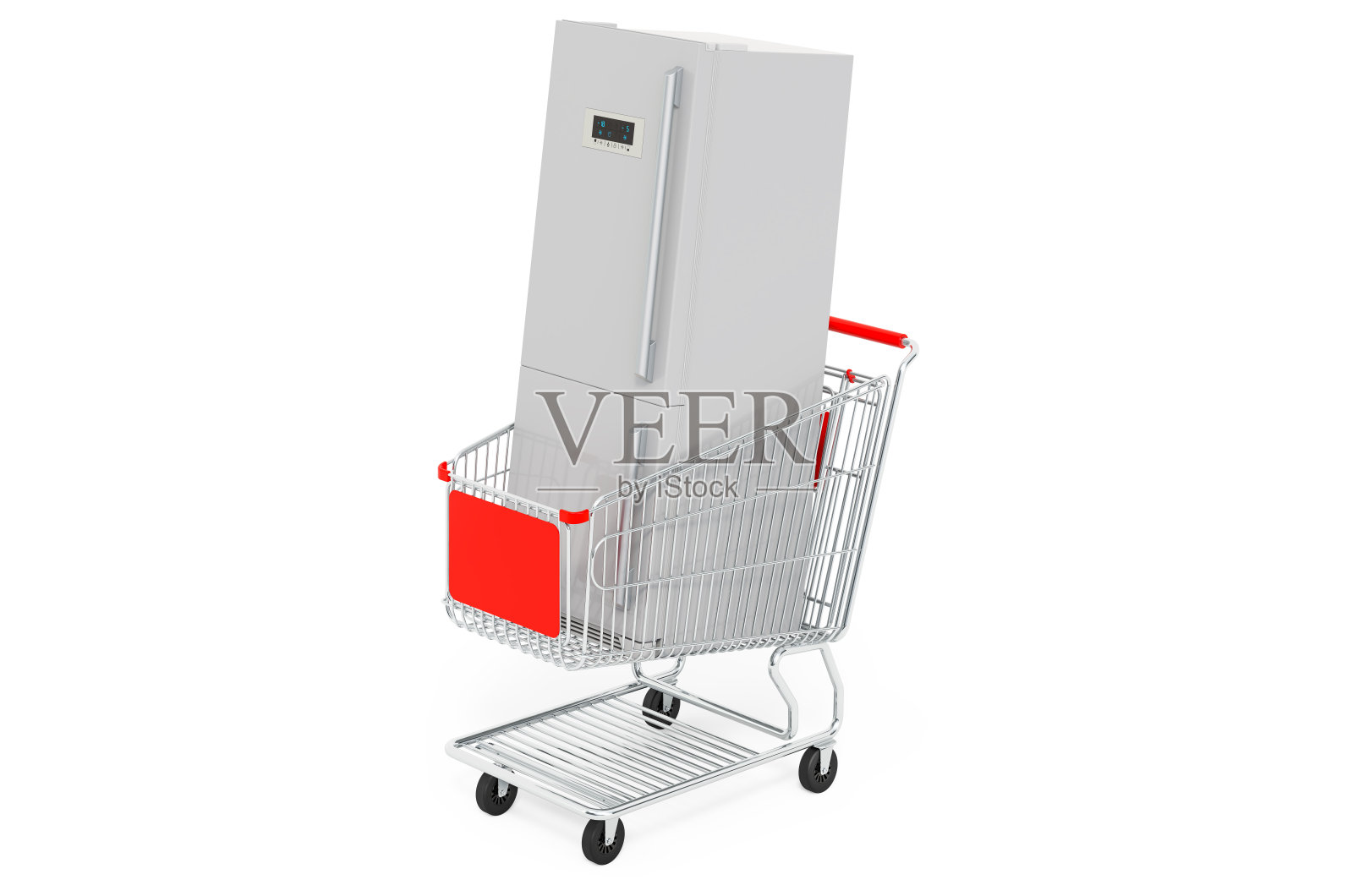 购物车里的冰箱,白色背景上的3D渲染隔离照片摄影图片