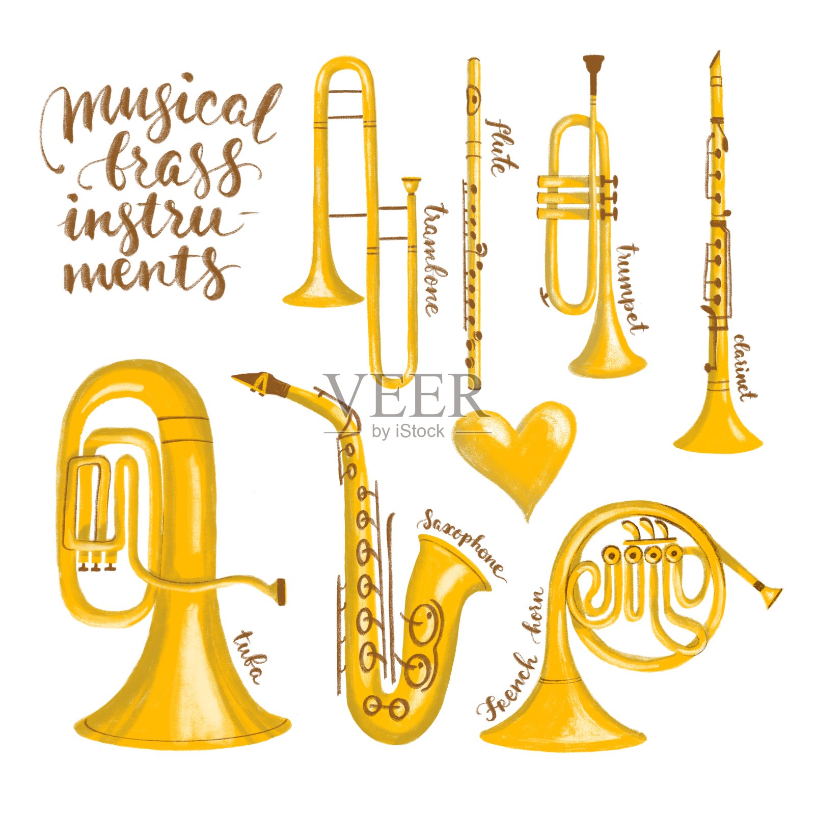 一套铜管和木管乐器喇叭,大号,长号,法国号,萨克斯管,单簧管,长笛。插画图片素材