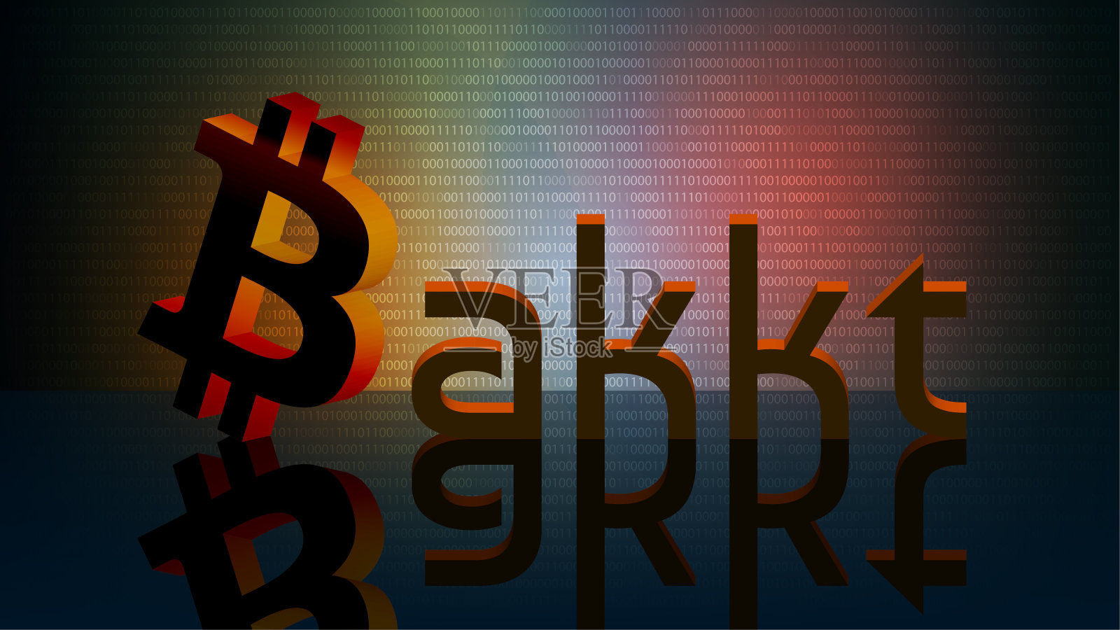 BAKKT字与比特币符号与暗数字背景反射。交易、存储和支付加密货币的全球生态系统。插画图片素材