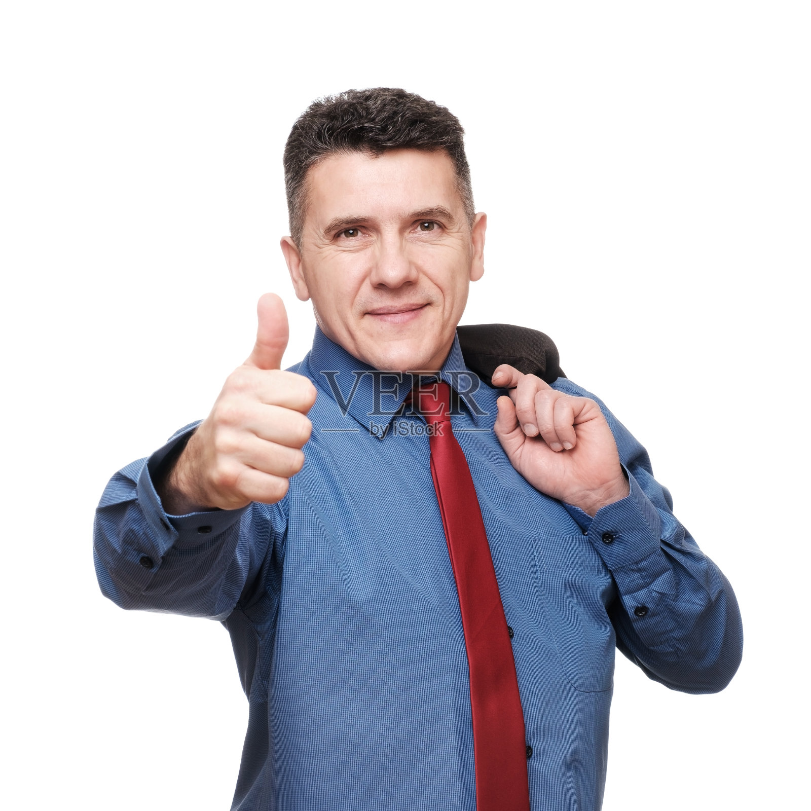 肖像英俊的男子穿着蓝色衬衫和红色领带显示拇指向上照片摄影图片