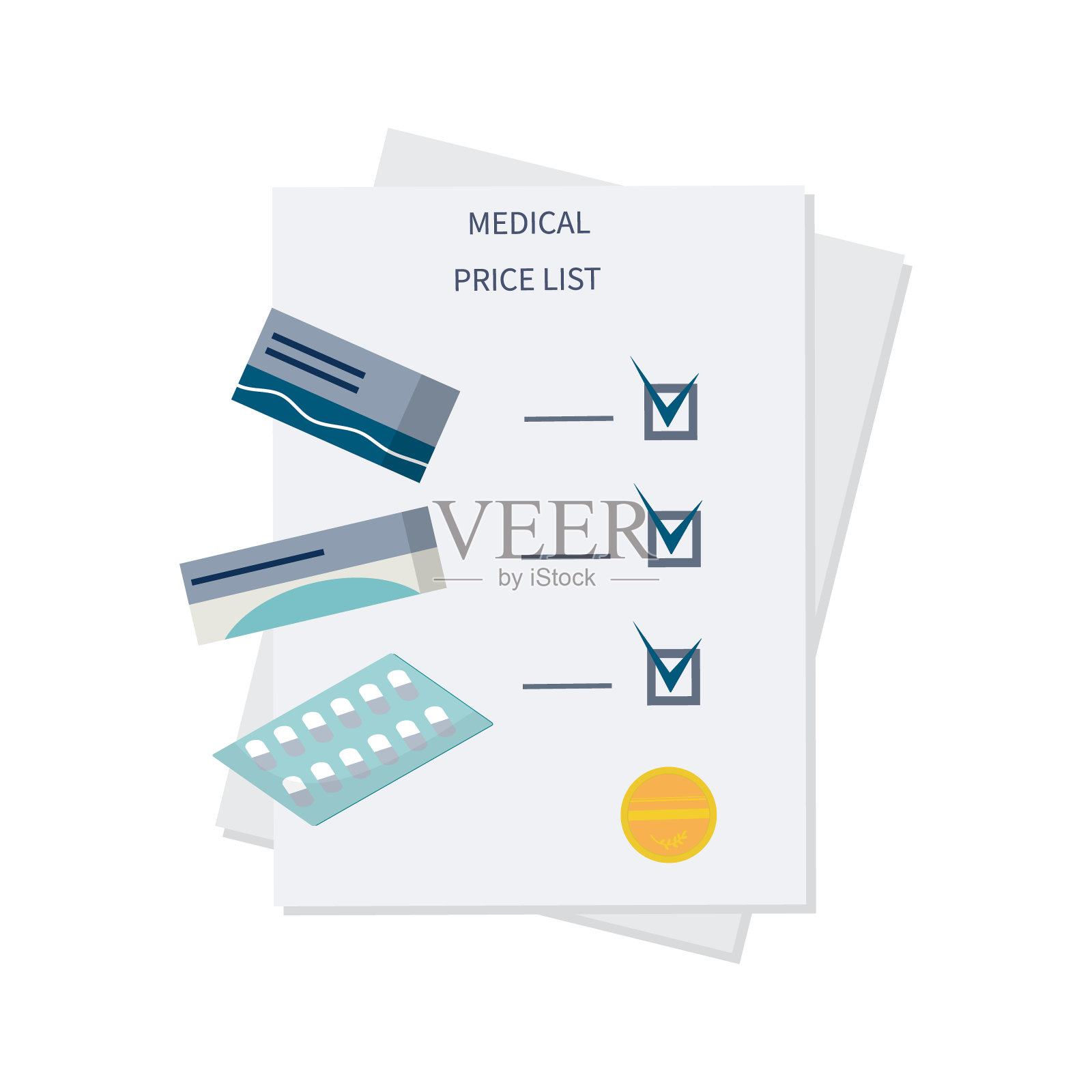 药品价目表、发票或背景资料。支付的一套药品。保健医学、药剂学和疫苗概念。平的风格。向量插画图片素材